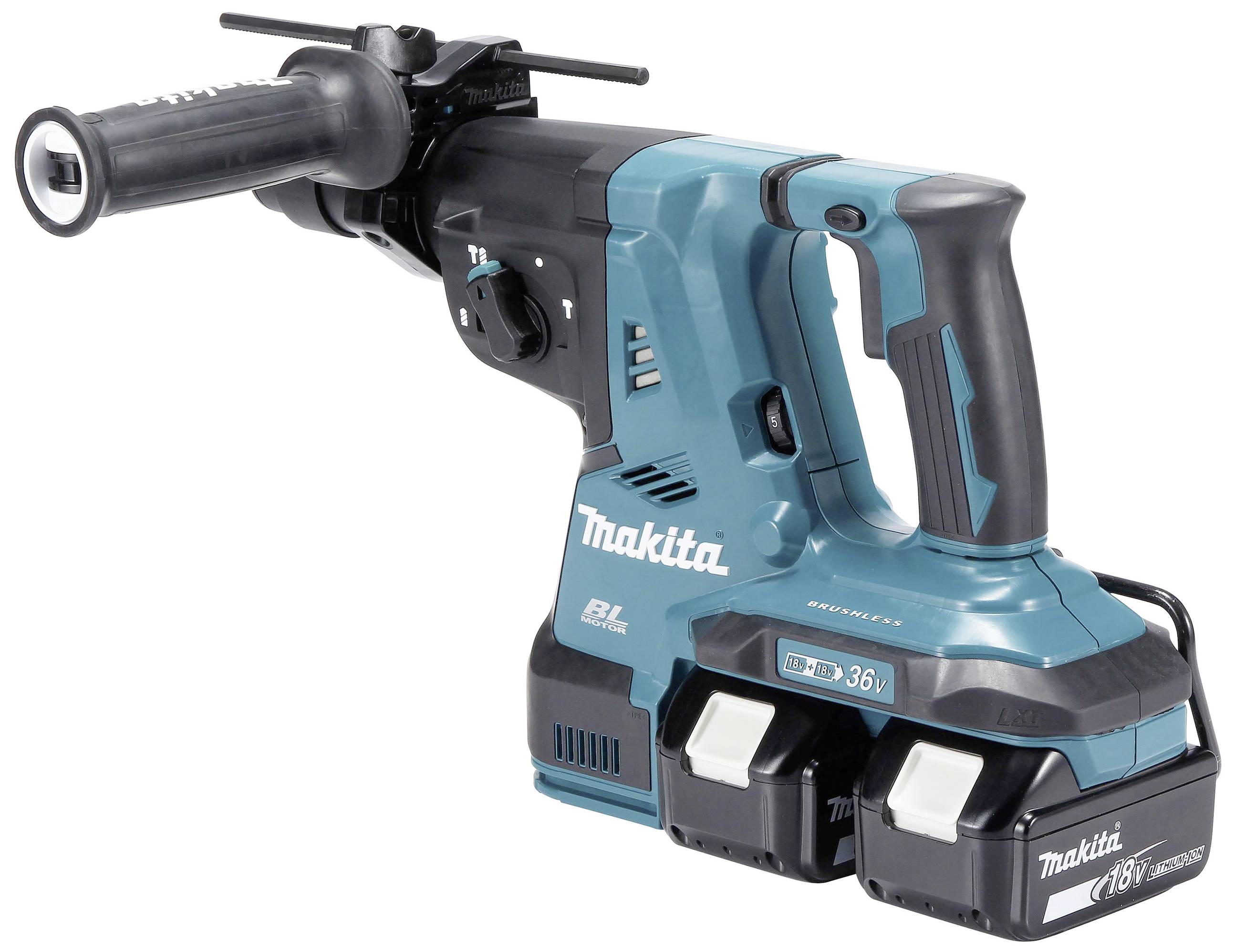 Ein blau-schwarzer Makita Akkubohrhammer mit Doppelschacht für 18V-Akkus, Griff vorne, und Drehschalter. Modellnummer ist sichtbar.