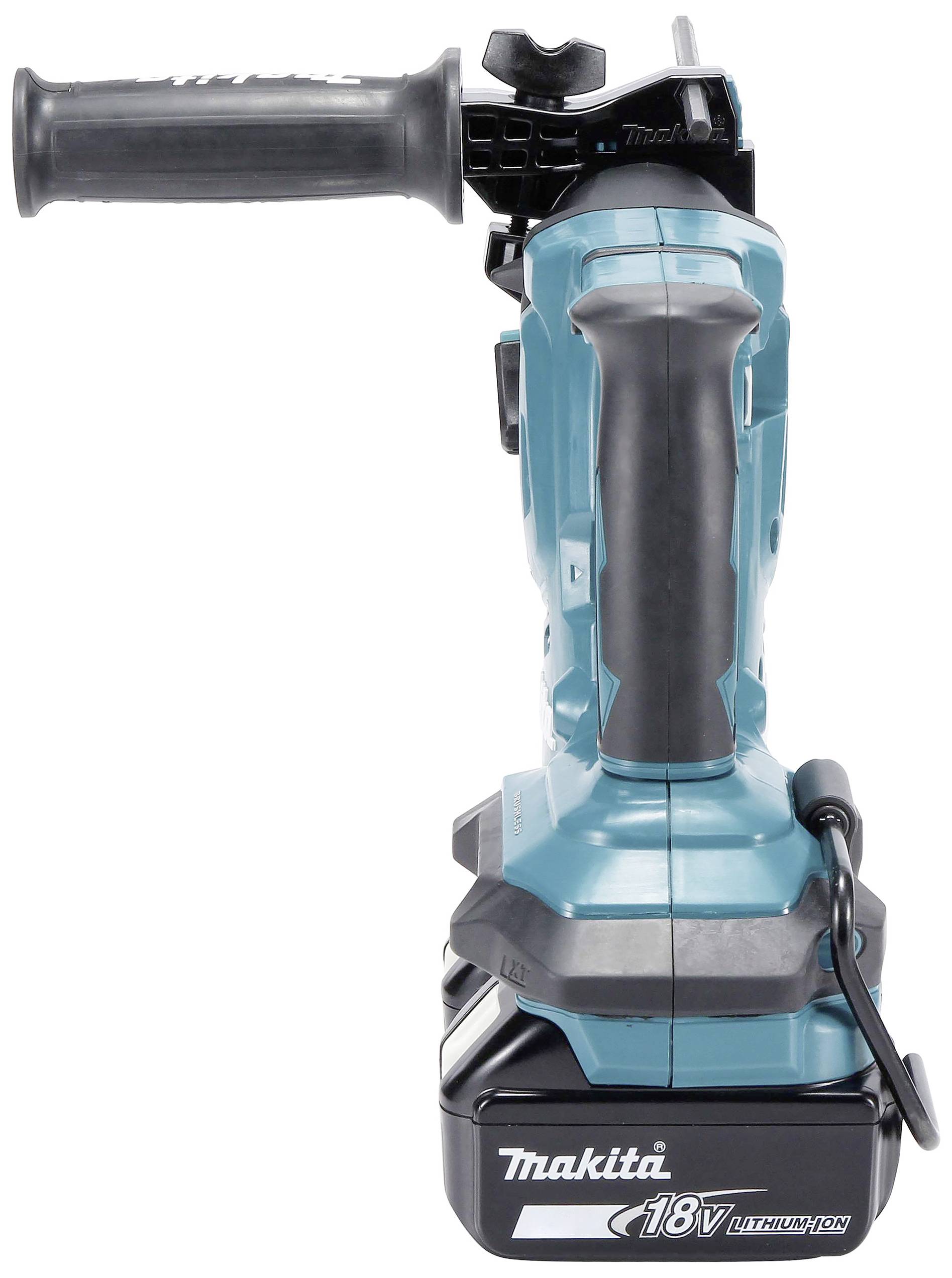 Ein blau-schwarzer, kabelloser Winkelschleifer mit 18V Lithium-Ionen-Akku, von der Marke Makita, mit Griff oben.