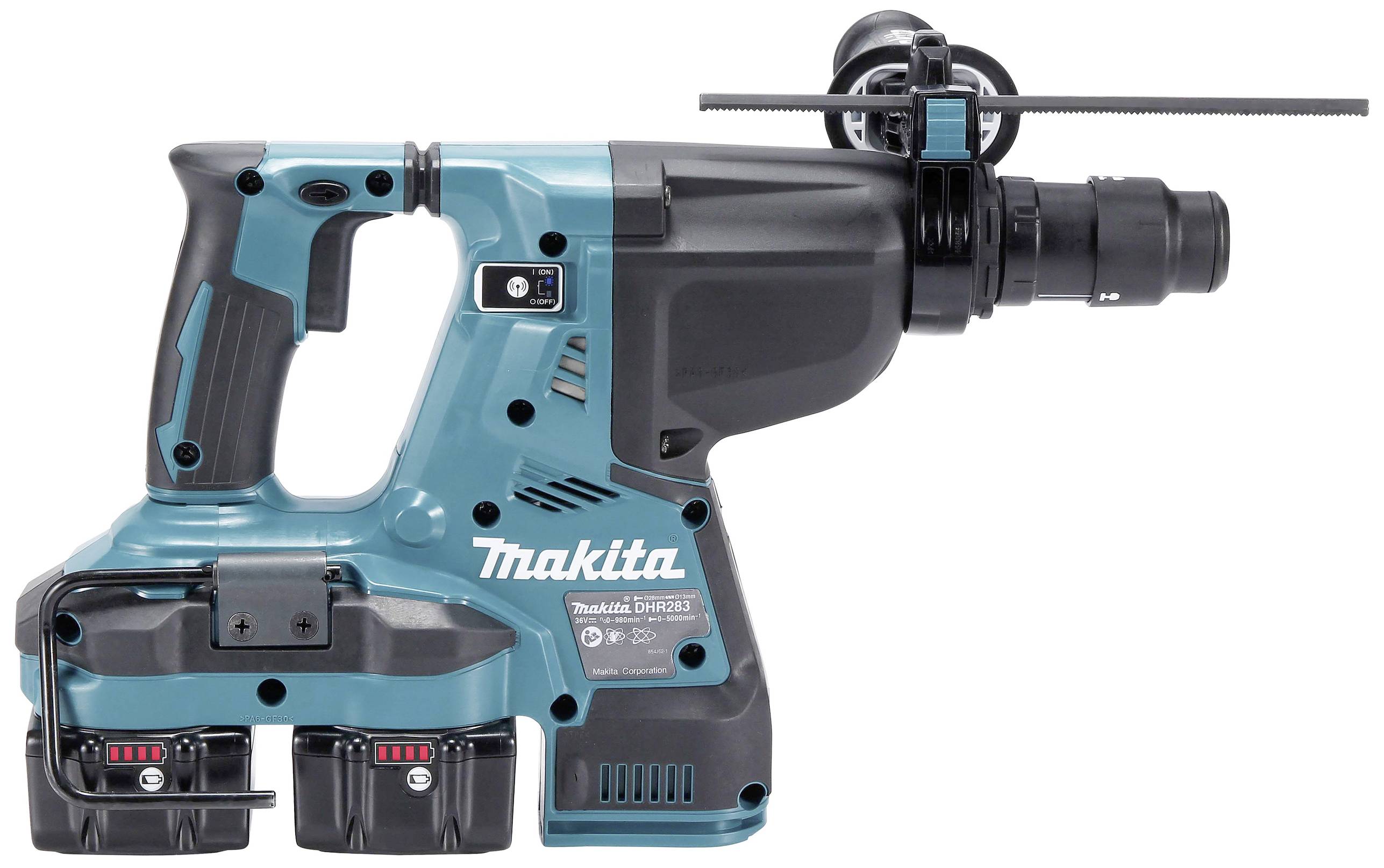Akkubohrhammer mit zwei Akkus, Marke Makita, in blau-schwarzem Design.