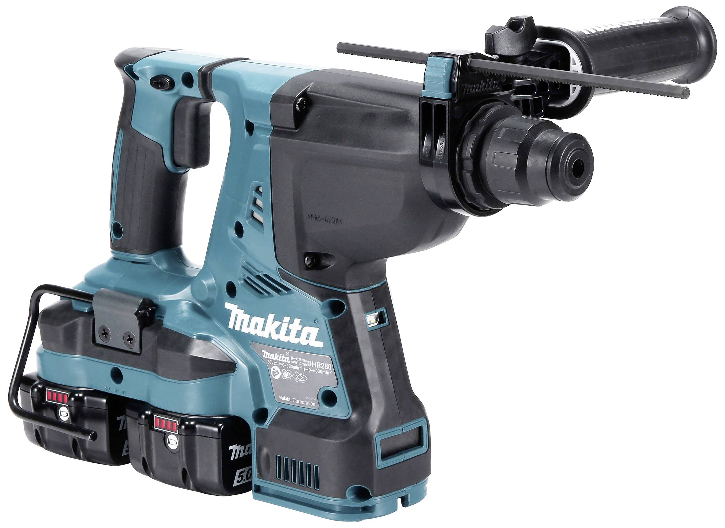 Ein kabelloser Bohrhammer mit ergonomischem Griff und zwei Akkus. Geeignet für schwere Bohrarbeiten in Beton und Mauerwerk.