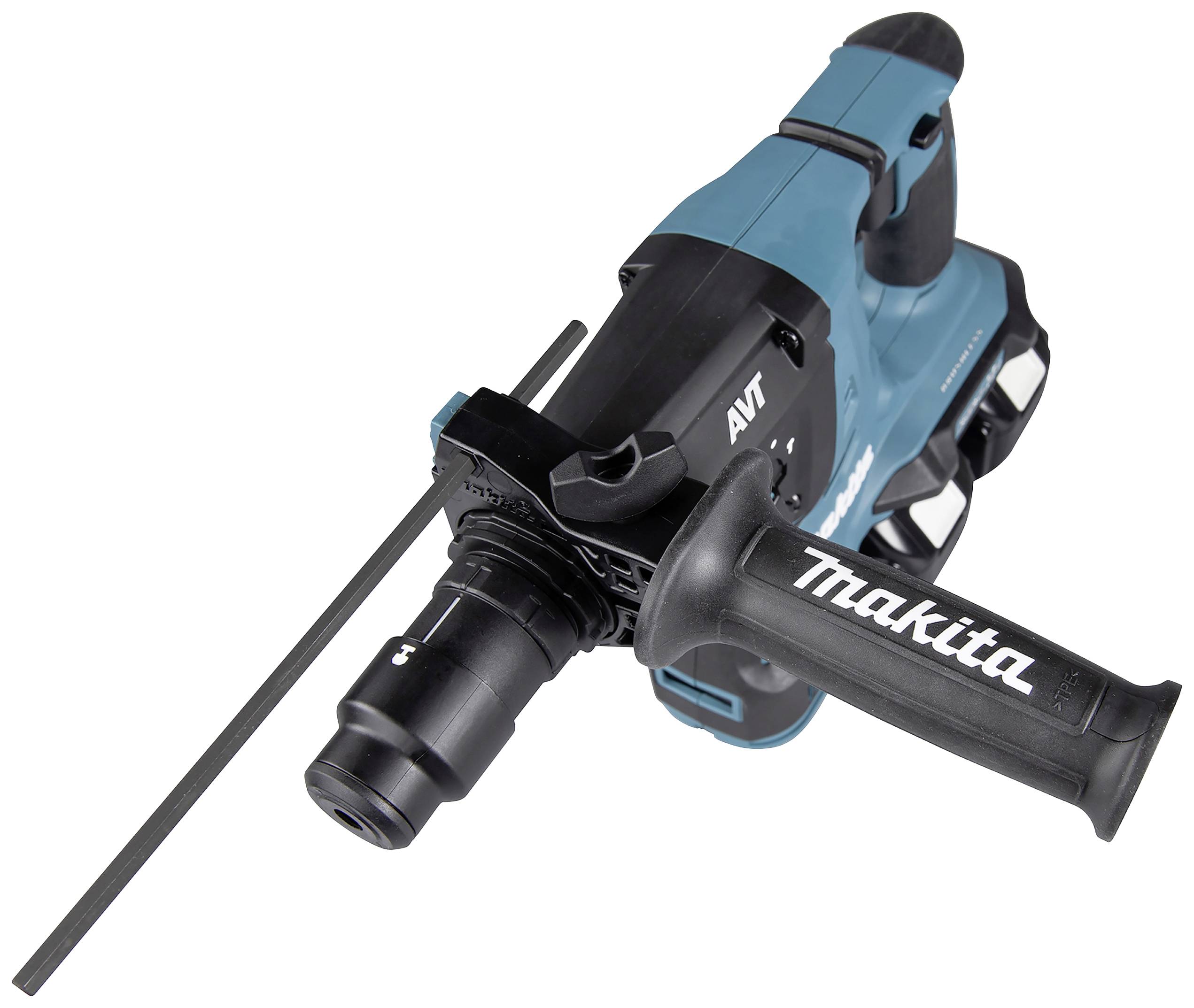 Ein blauer Makita Bohrhammer mit ergonomischem Griff und extra Haltestange, ideal für schwere Bohrarbeiten in Beton oder Stein.