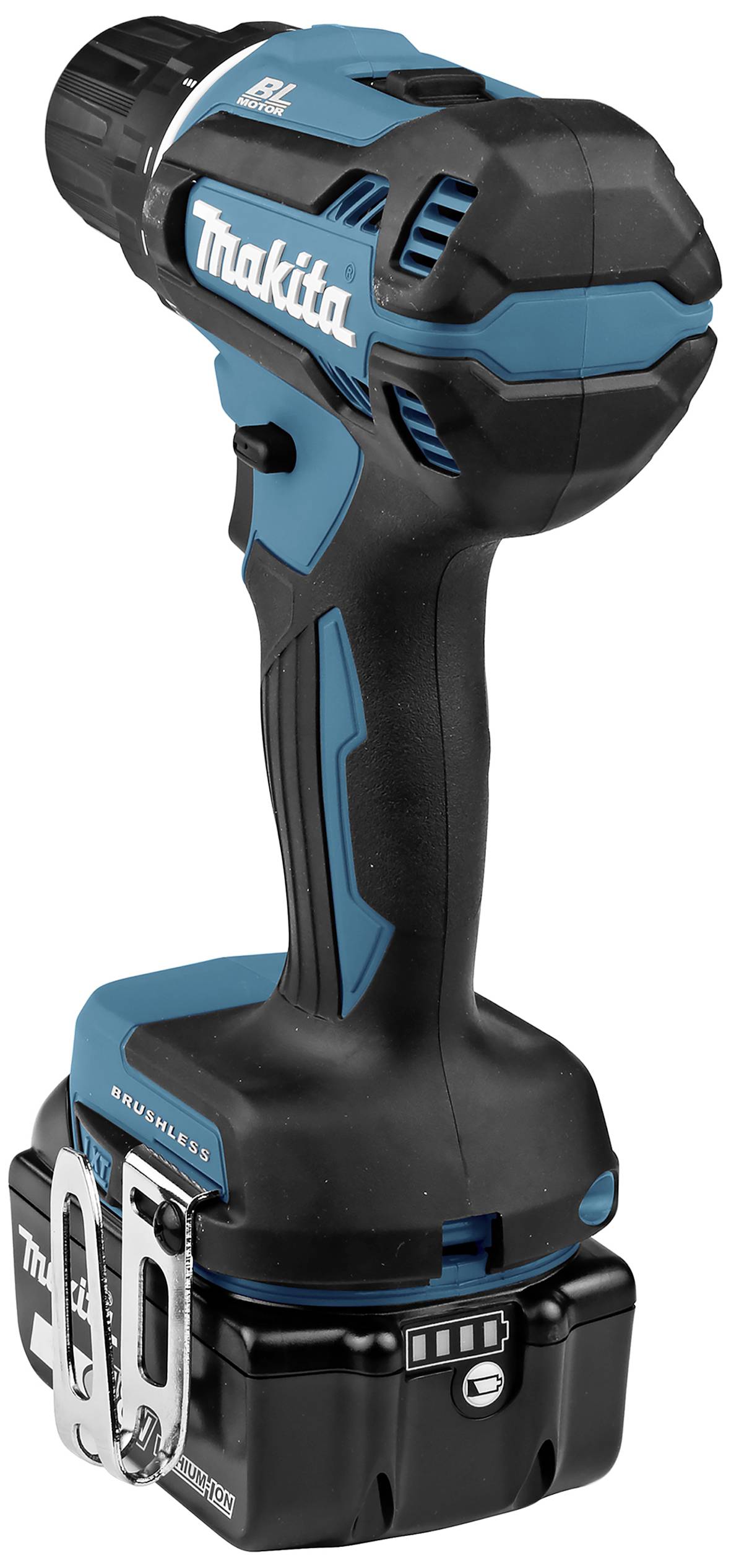 Akku-Bohrschrauber mit blau-schwarzem Gehäuse, ergonomischem Griff und Clip für Gürtel. Markenname auf Gehäuse und Akku sichtbar.