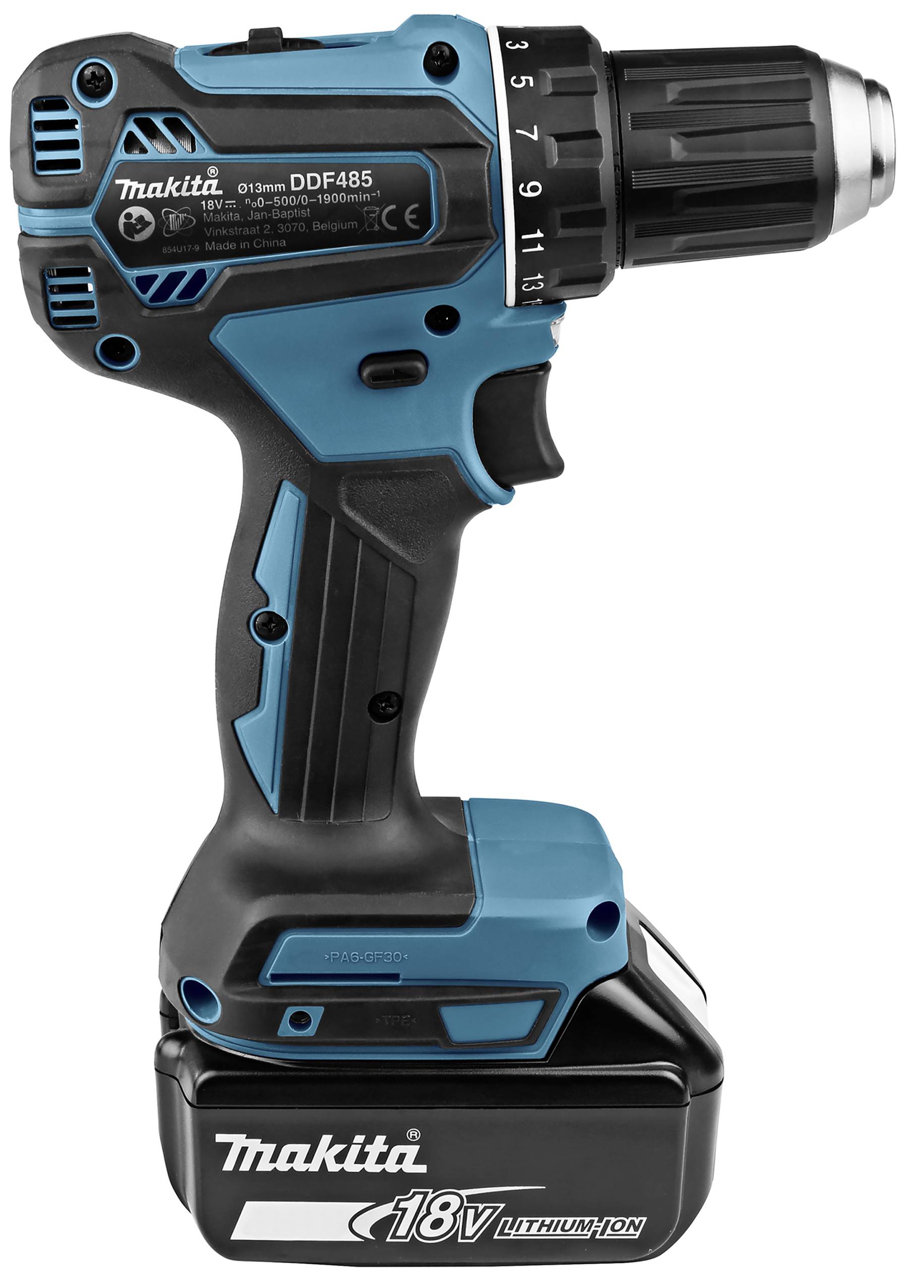 Akkubohrschrauber mit blau-schwarzem Gehäuse und 18-Volt-Lithium-Ionen-Akku, Modellnummer DDF485.