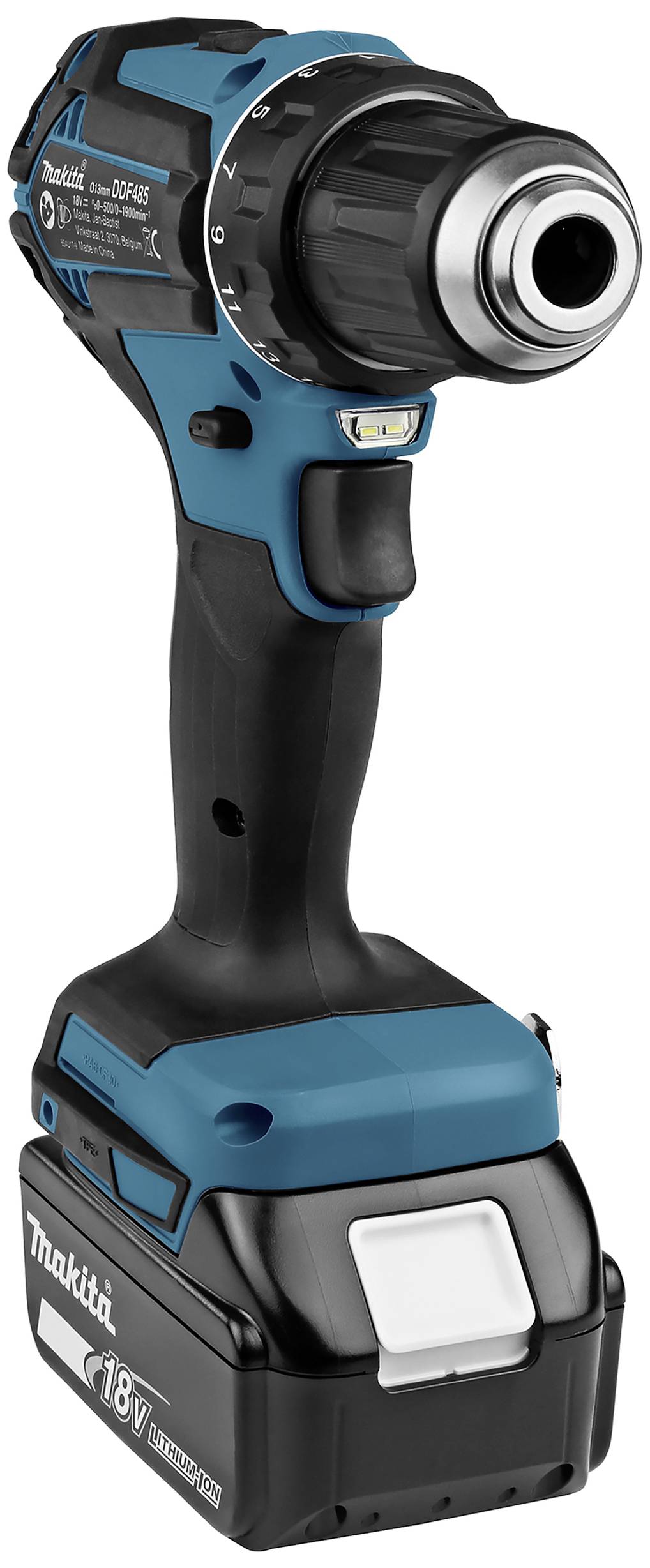 Ein blauer, kabelloser Makita-Akkuschrauber mit schwarzem Griff und integriertem Akku. Ideal für Heimwerker- und Bauarbeiten.