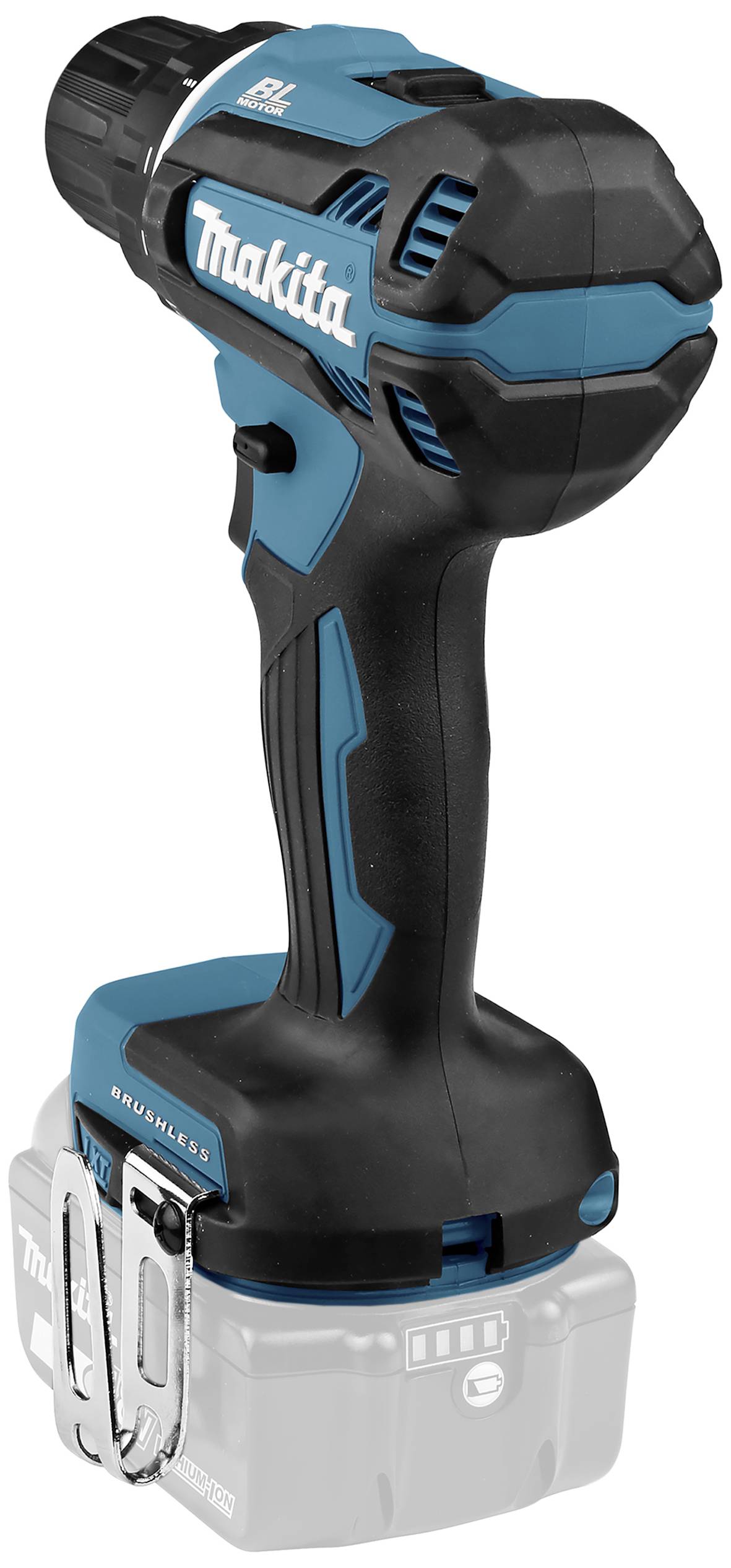 Ein kabelloser, blau-schwarzer Makita Akkuschrauber mit grauem Griff und einer Batterie an der Unterseite, steht aufrecht.