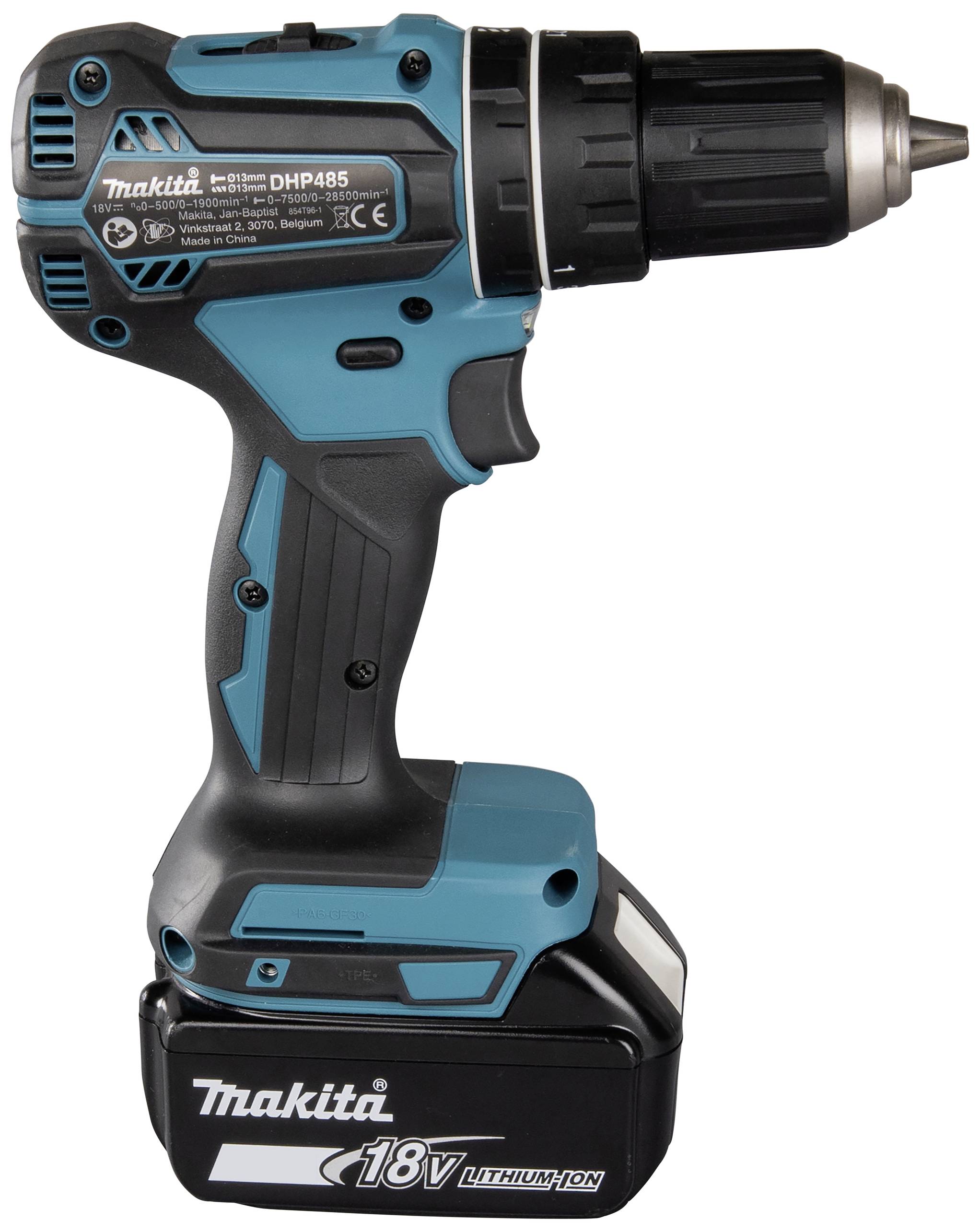 Akkubohrschrauber von Makita in Blau und Schwarz mit 18V Lithium-Ionen-Akku, geeignet für Heimwerkerarbeiten und Bauprojekte.