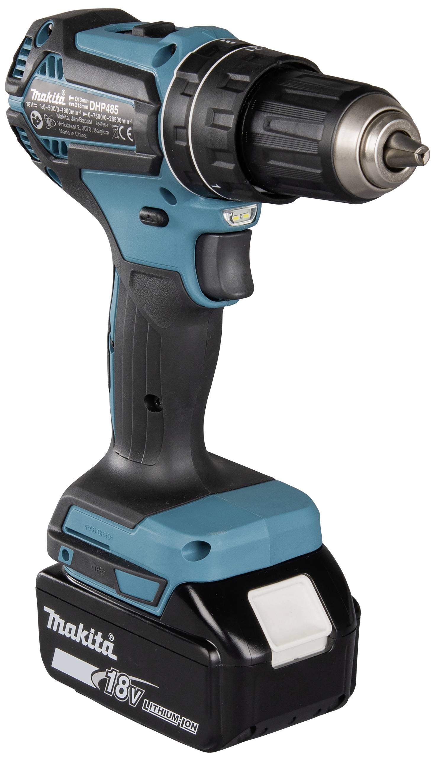 Ein blauer, kabelloser Akkuschrauber mit schwarzem Griff und einem 18V Akku von Makita, geeignet für Bohren und Schrauben.