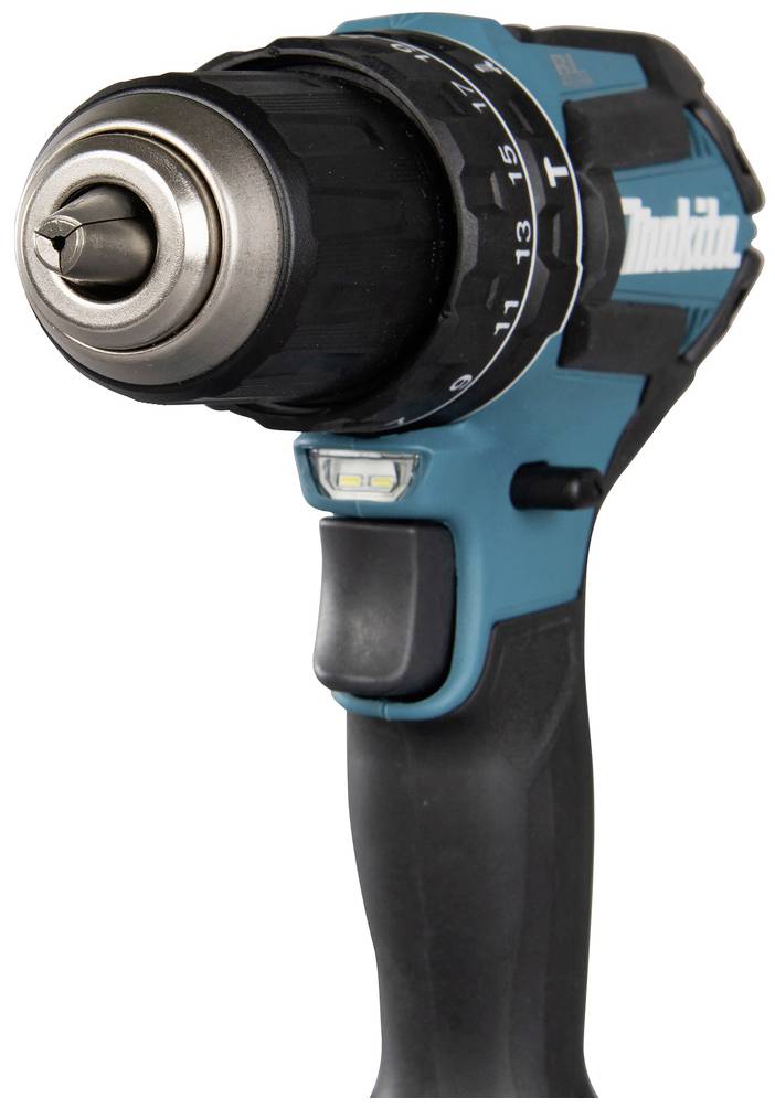 Kabelloser Akku-Bohrschrauber aus Kunststoff und Metall mit schwarzem Griff, verstellbarem Drehmoment und einem Metallbohrfutter.