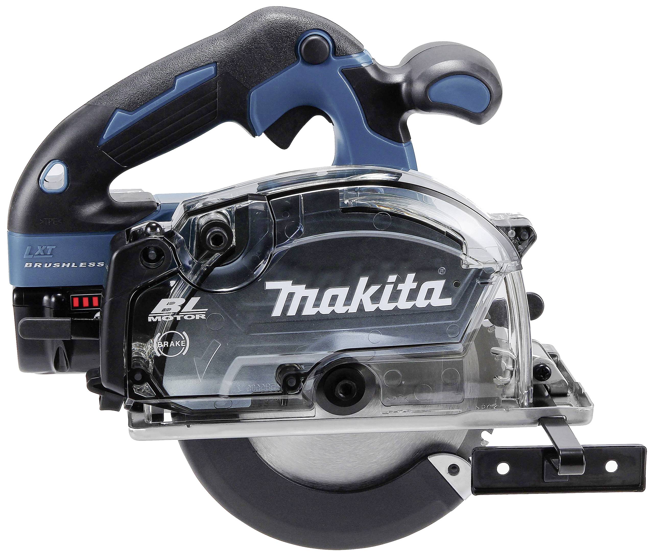 Akkubetriebene Handkreissäge von Makita mit schwarzem und blauem Gehäuse, geeignet für kabelloses und leistungsstarkes Sägen.