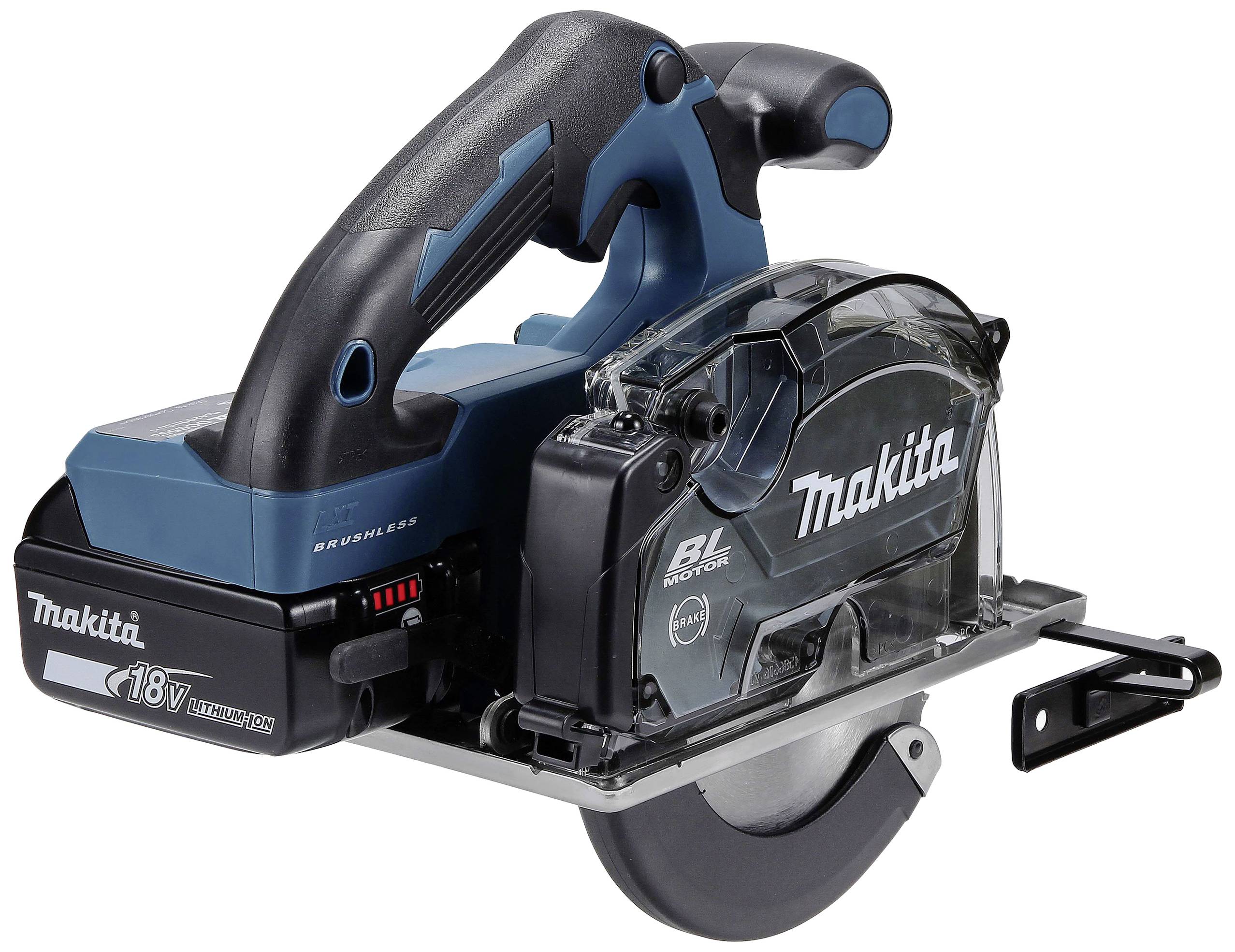 Eine blaue, tragbare Akku-Handkreissäge der Marke Makita mit schwarzem Griff und schützendem Gehäuse über dem Sägeblatt.