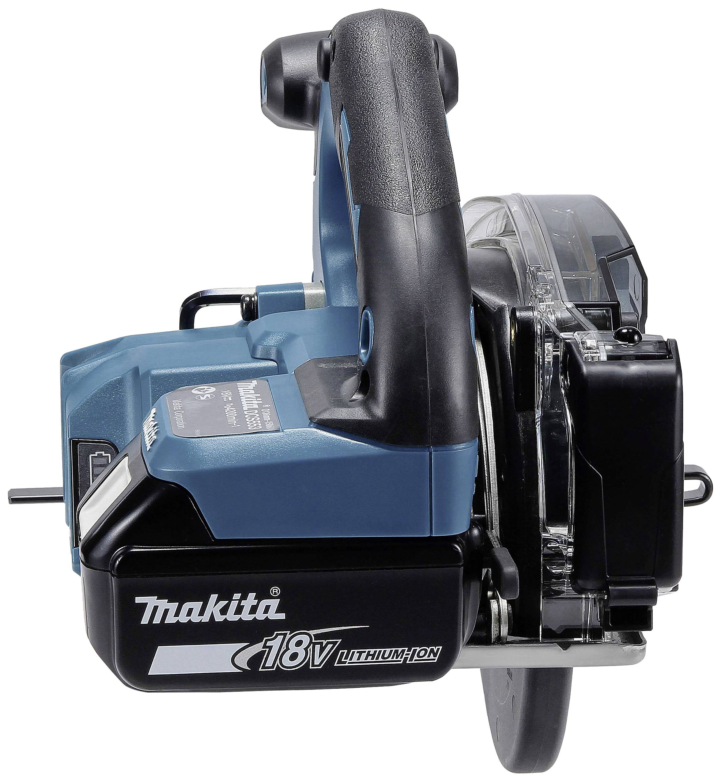 Akkubetriebene blaue Kreissäge von Makita, Modell 18V Lithium-Ion, seitliche Ansicht. Geeignet für kabelloses Schneiden von Holz.