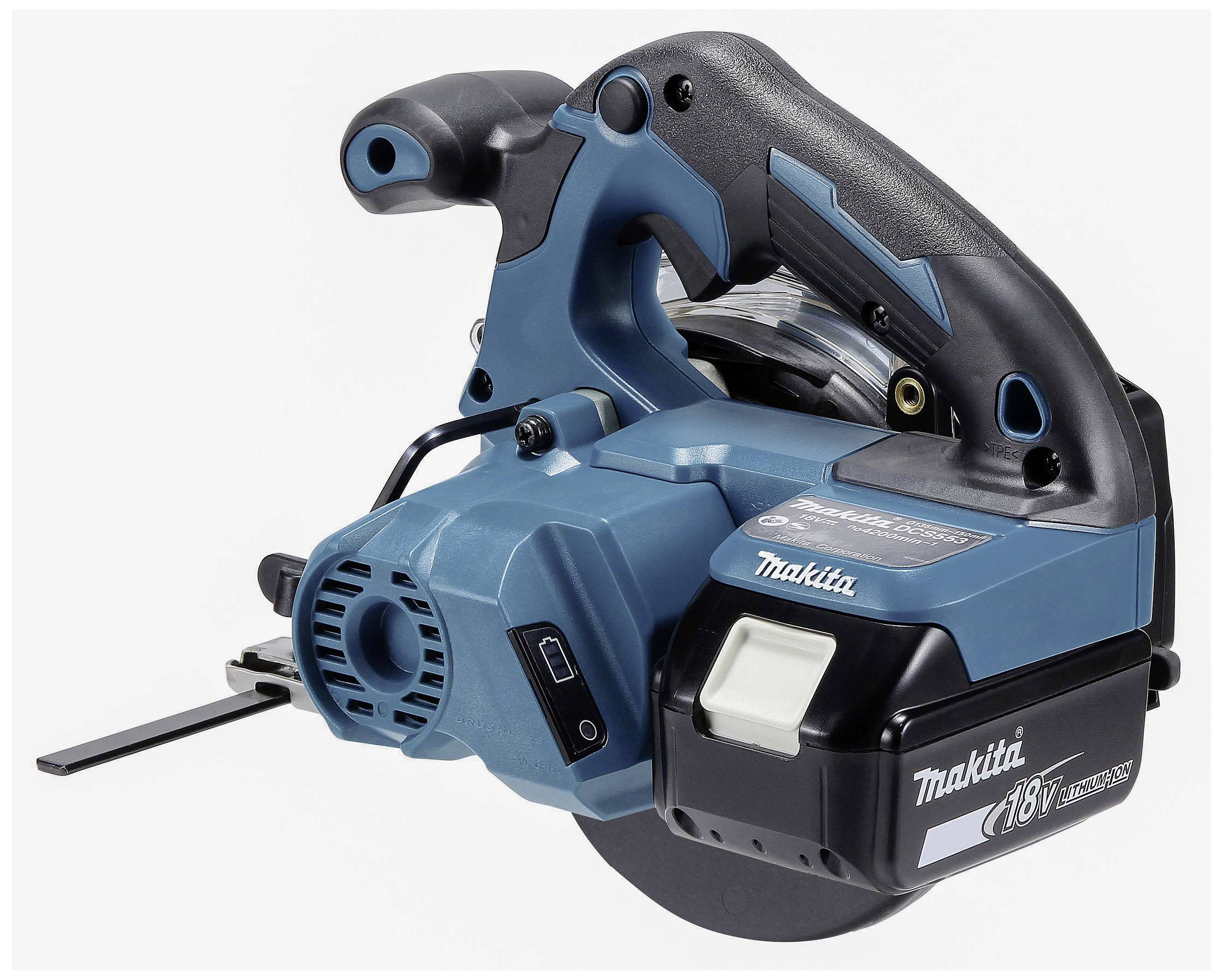 Kabellose blaue Handkreissäge mit einem ergonomischen Griff und 18V Akku. Ideal zum Durchtrennen von Holz oder anderen Materialien.