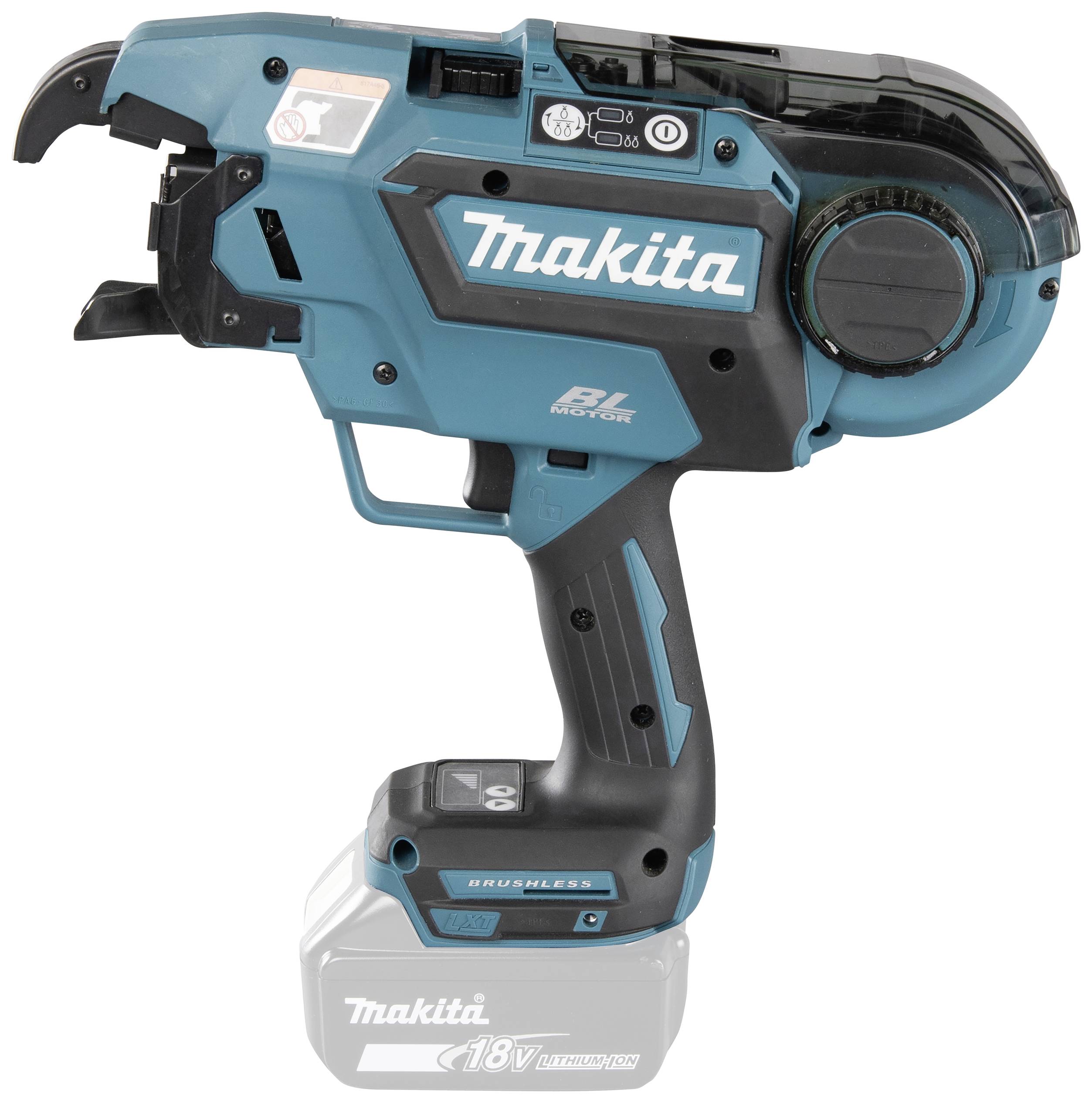Eine kabellose, blaue Makita-Werkzeugpistole mit 18V-Akku, kompaktem Design und robustem Griff, geeignet für Bauarbeiten.