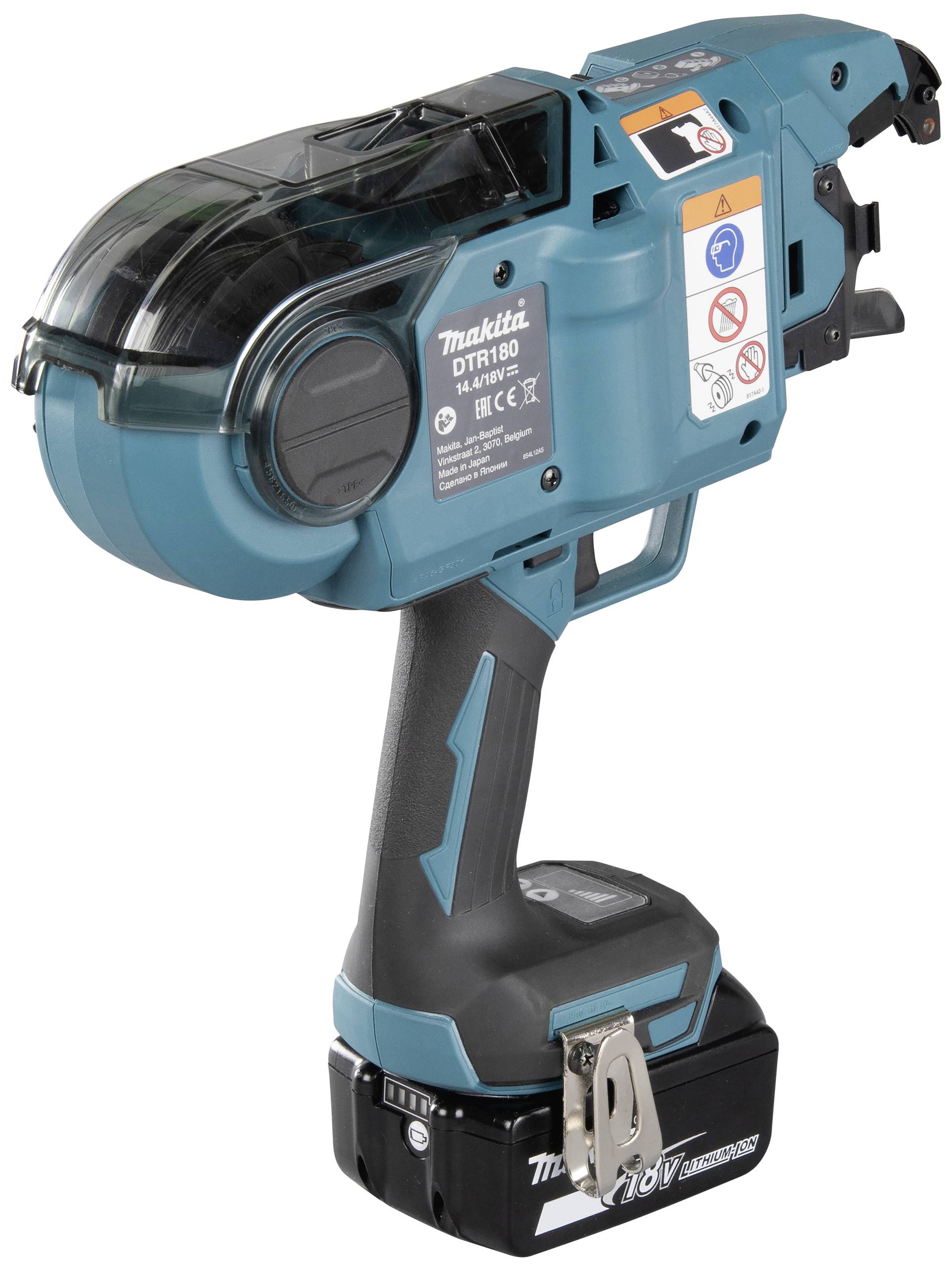 Ein blau-schwarzes elektrisches Bindewerkzeug mit ergonomischem Griff und Schutzabdeckung, geeignet für Bauarbeiten.