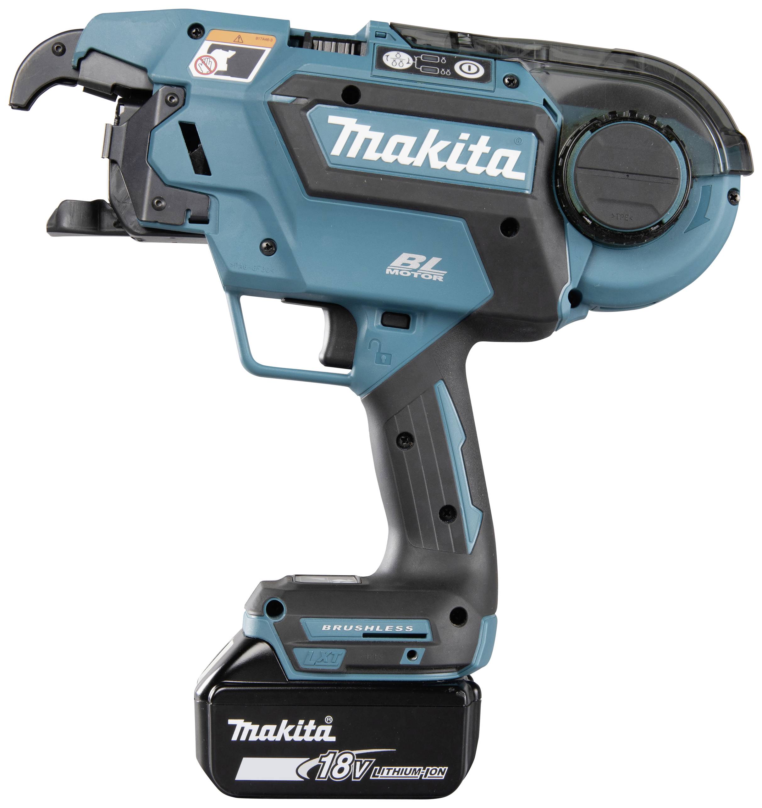Akkubetriebener Makita Kabelbinderwerkzeug BT von der Seite. Ergonomisches Design, 18V-Batterie, blauer Korpus mit schwarzem Griff.