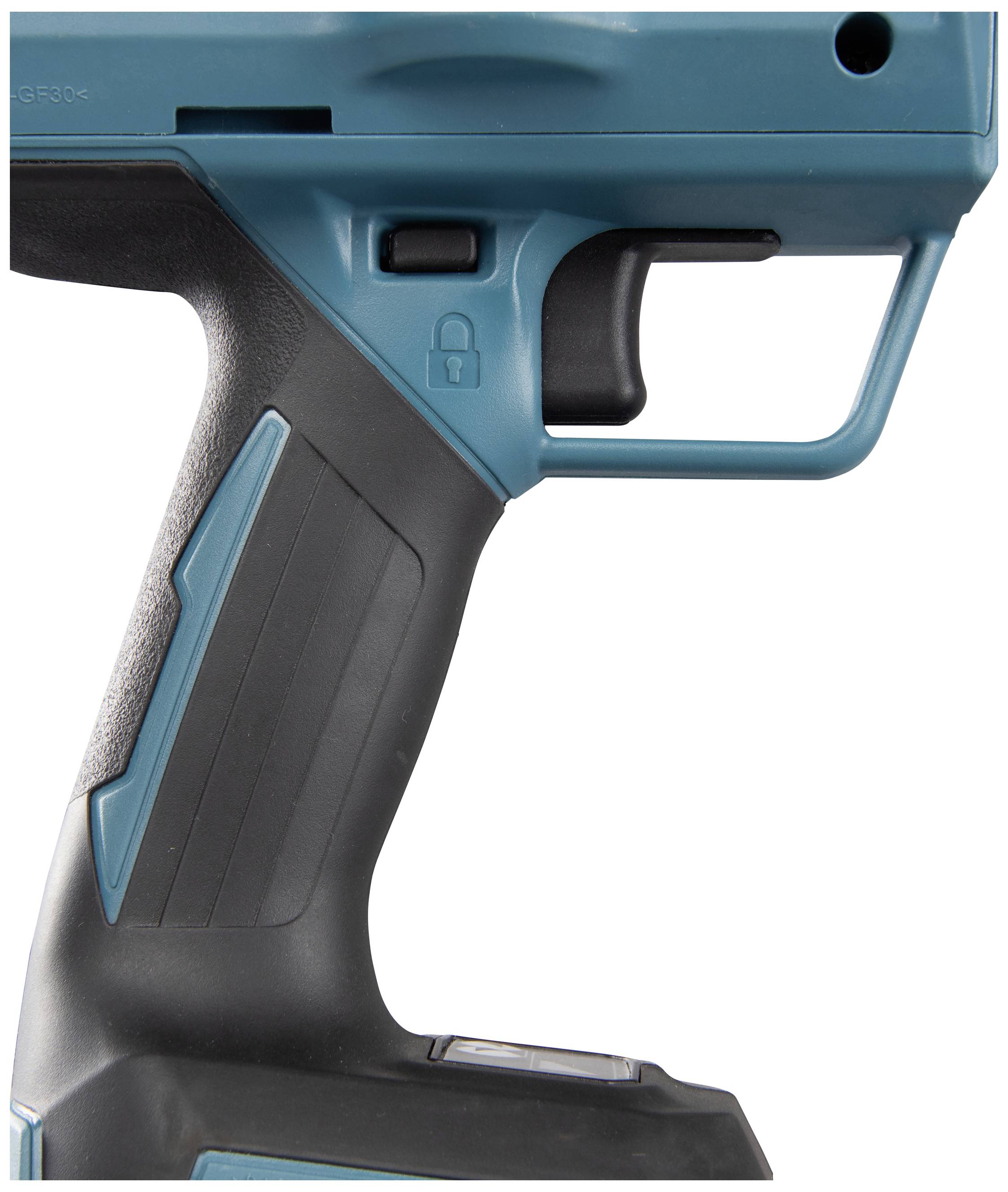 Ein blauer und schwarzer Werkzeuggriff mit Sperrsymbol und ergonomischem Design.