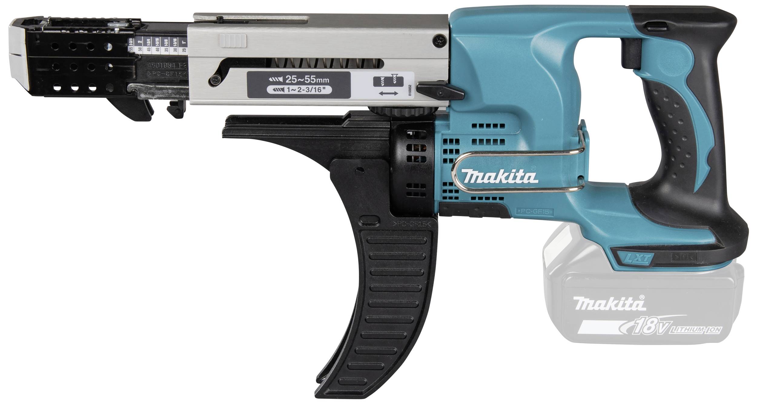 Ein kabelloser Trockenbauschrauber mit Magazinzufuhr, blau-schwarzes Design, geeignet für 25-55 mm Schrauben in Trockenbauarbeiten.