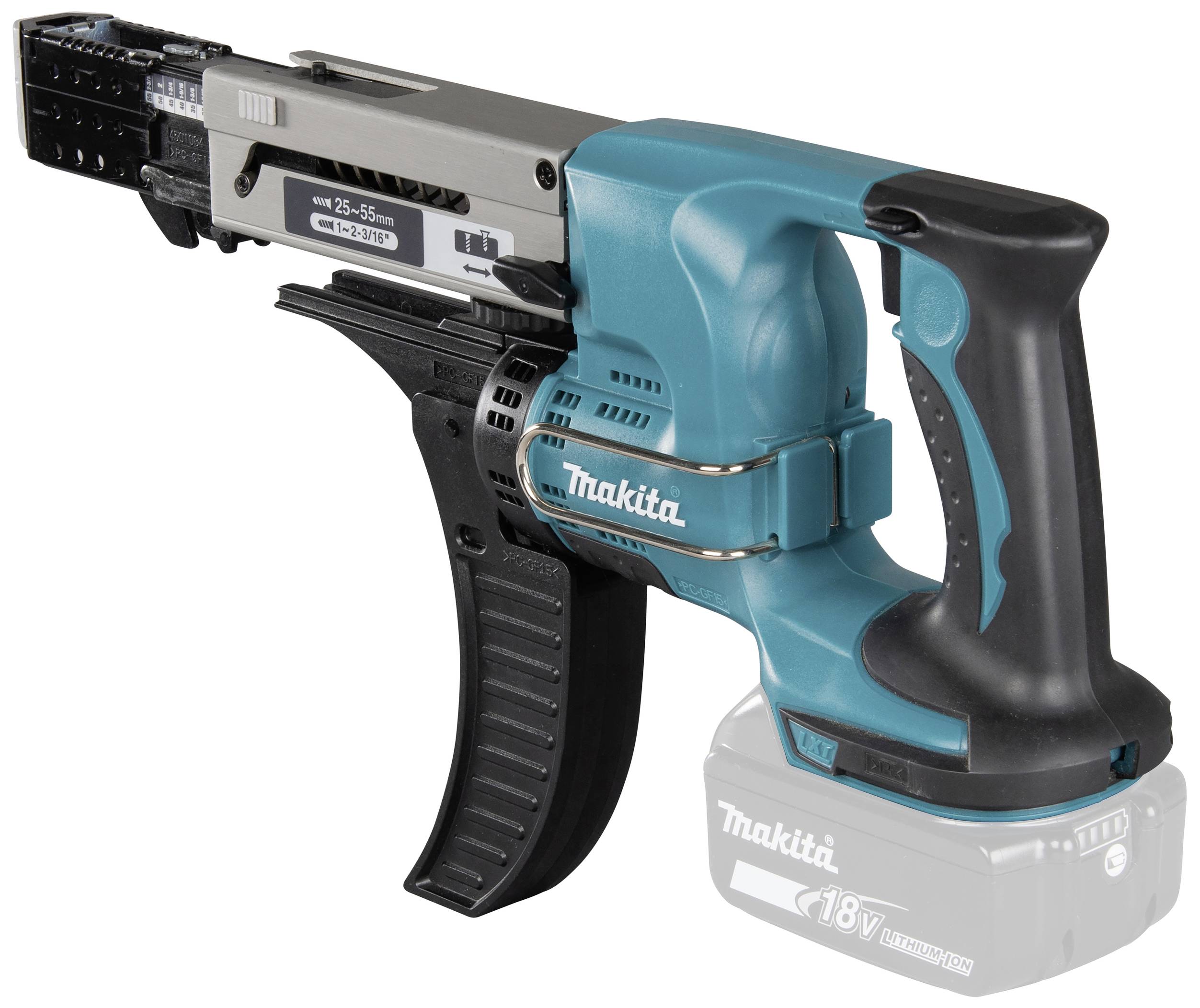Ein elektrischer Schraubenmagazinschrauber von Makita, in Blau und Schwarz, mit einem ergonomisch geformten Griff und sichtbarem Akkufach.