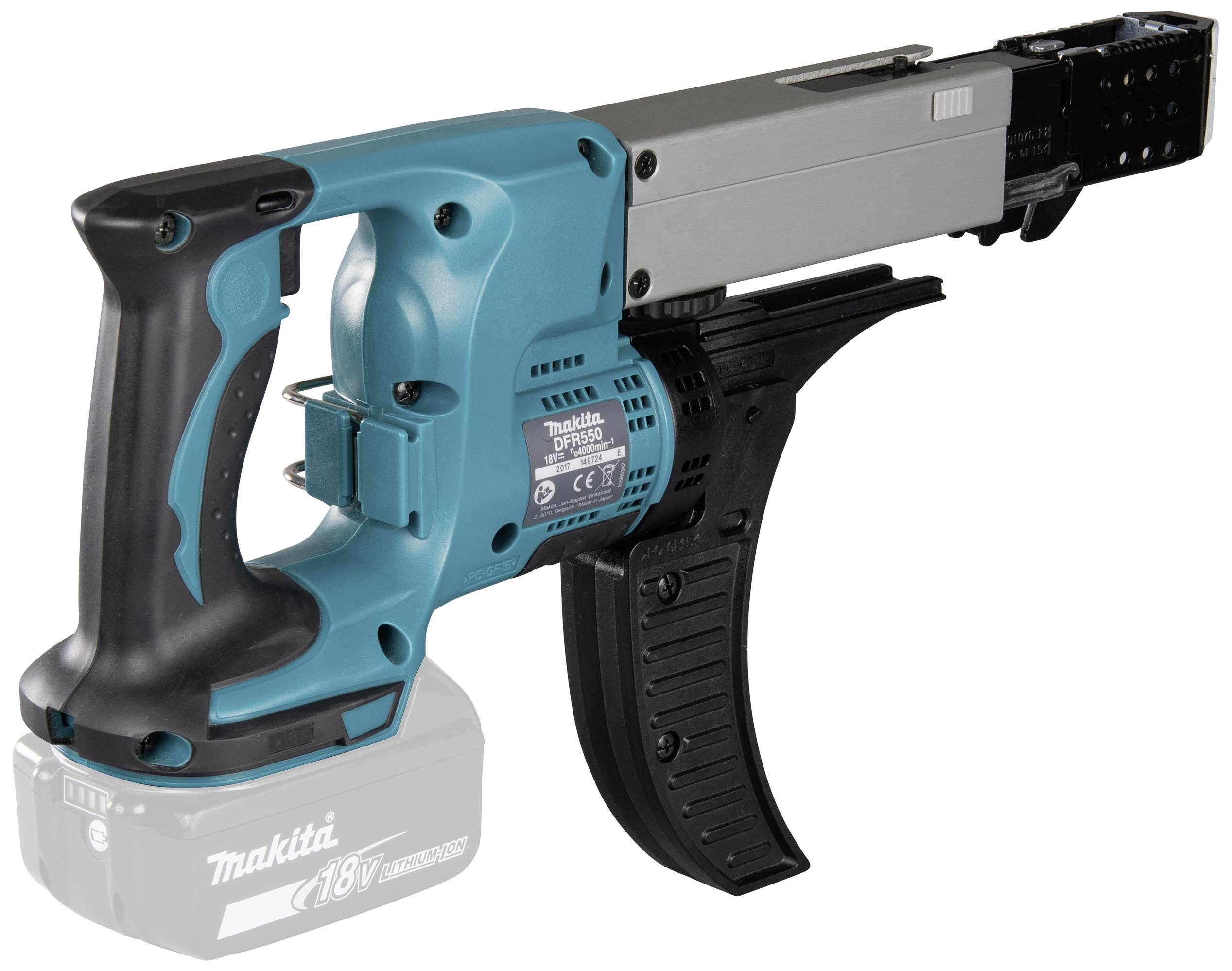 Akkubetriebener, blauer Schraubenzieher mit langem Magazin für Schrauben, ergonomischem Griff und Markenname auf der Batterie.
