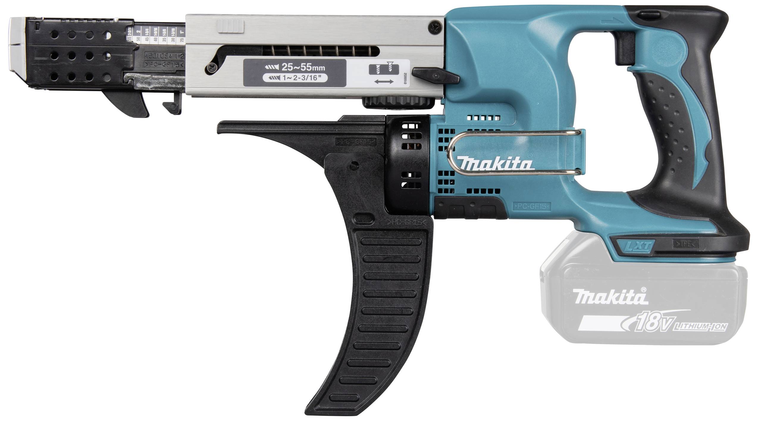 Akku-Schraubmagaziner, Makita, blau-schwarz, rechteckiges Design, seitliche Ansicht.