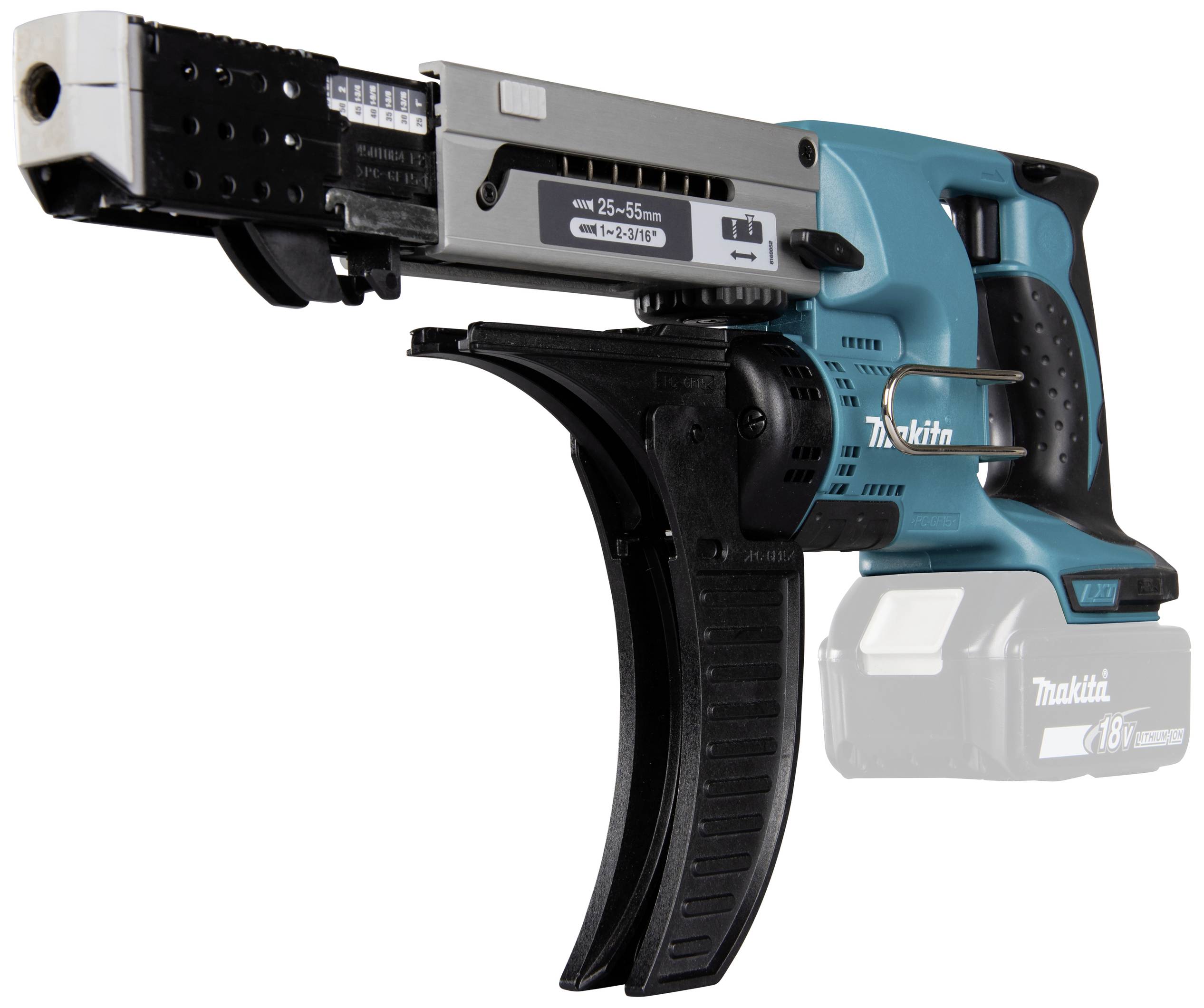 Ein blauer Akku-Magazinschrauber mit schwarzem Griff und schwarzem Magazin, geeignet für 25-55 mm Schrauben, von Makita.
