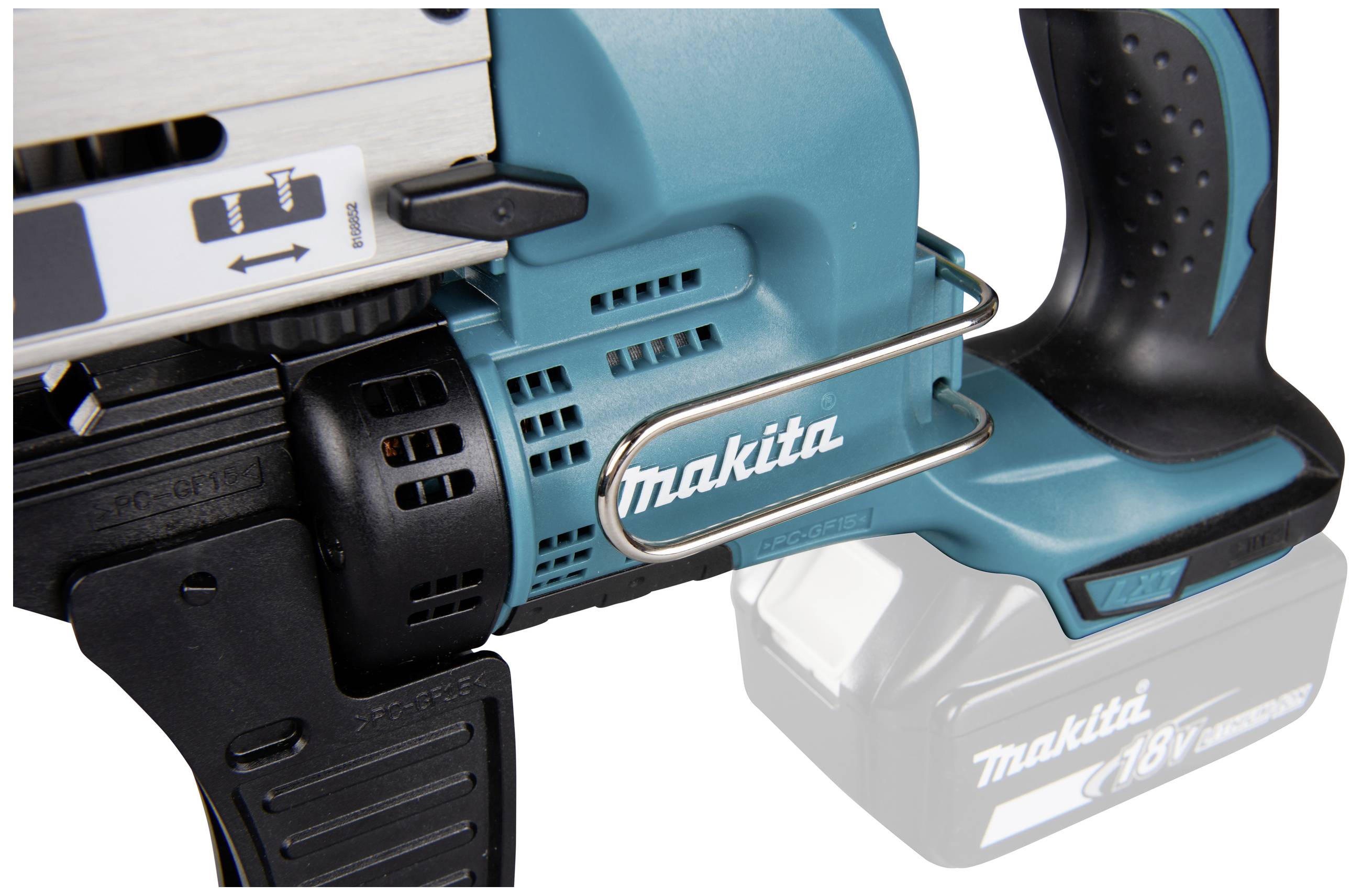 Handapparat für Holzbauarbeiten von Makita mit 18V Akku, ergonomischem Griff und blauer Verkleidung. Ideal für Bauprojekte.