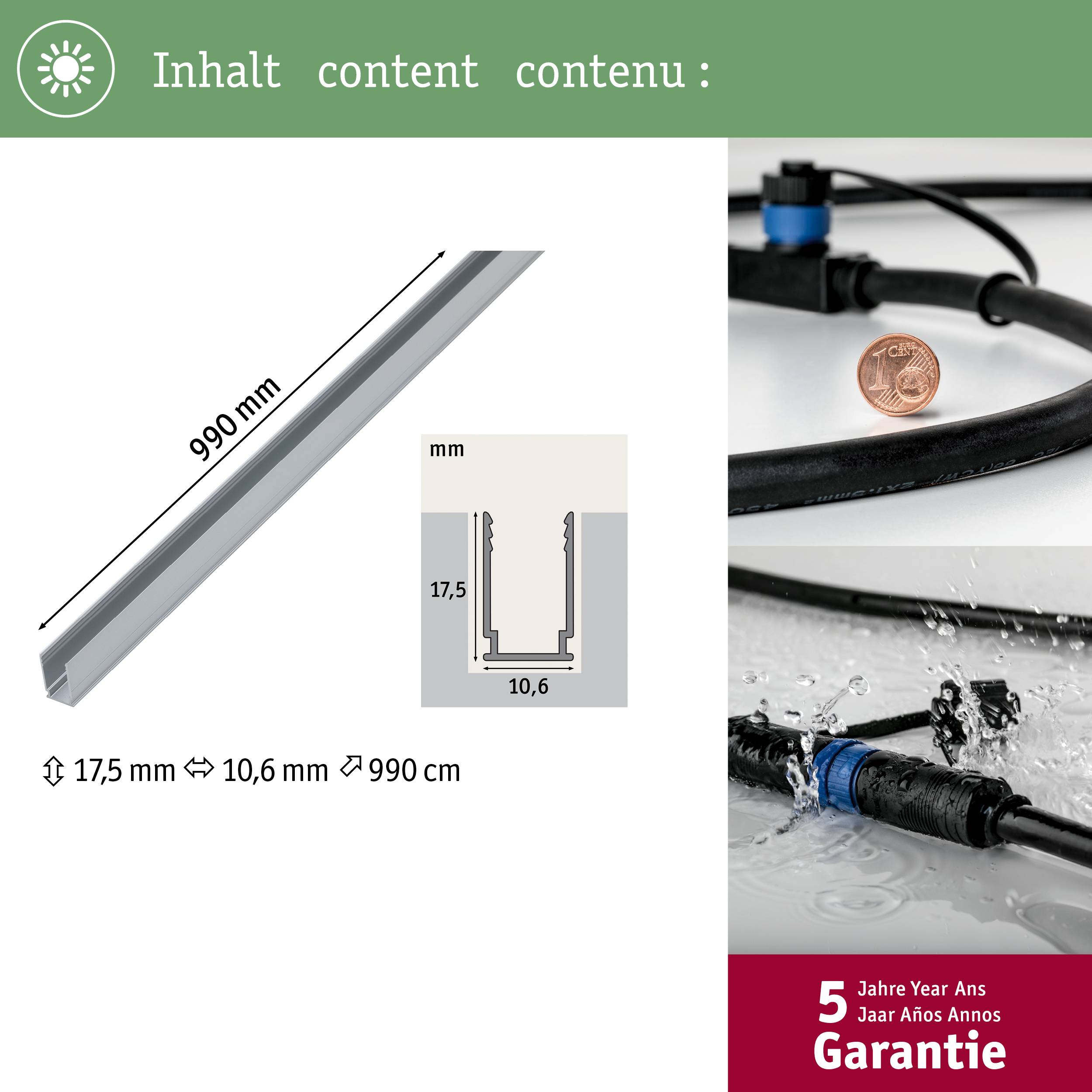 Inhalt: Aluminiumprofil, Länge: 990 mm, Querschnitt: 17,5 x 10,6 mm. Inklusive Garantie von 5 Jahren.