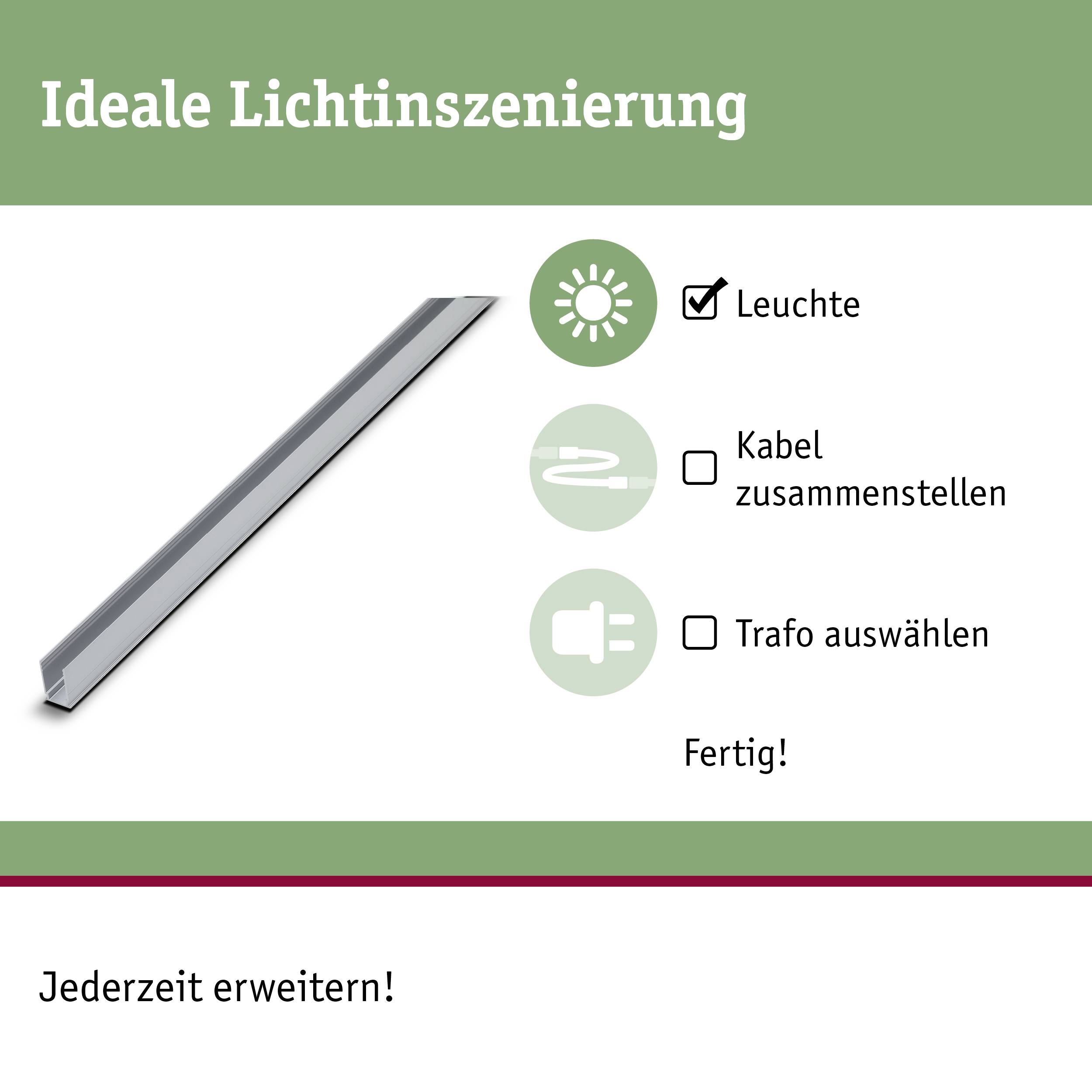 'Ideale Lichtinszenierung' zeigt eine Leuchte, Symbol für Kabel zusammenstellen, Symbol für Trafo auswählen und 'Fertig!'.