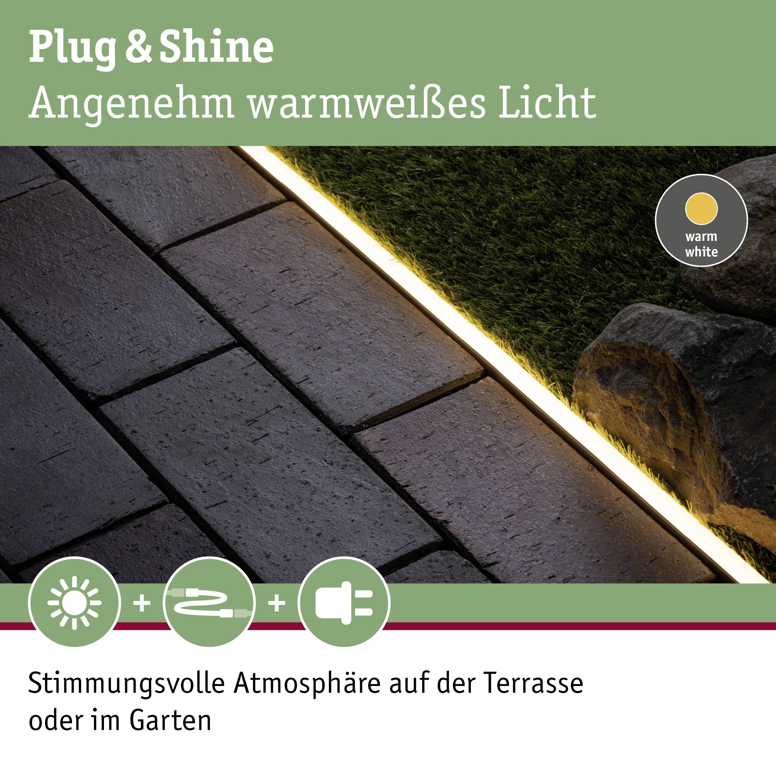 Plug & Shine Beleuchtungssystem, angenehm warmweißes Licht; erzeugt stimmungsvolle Atmosphäre auf Terrasse oder im Garten.