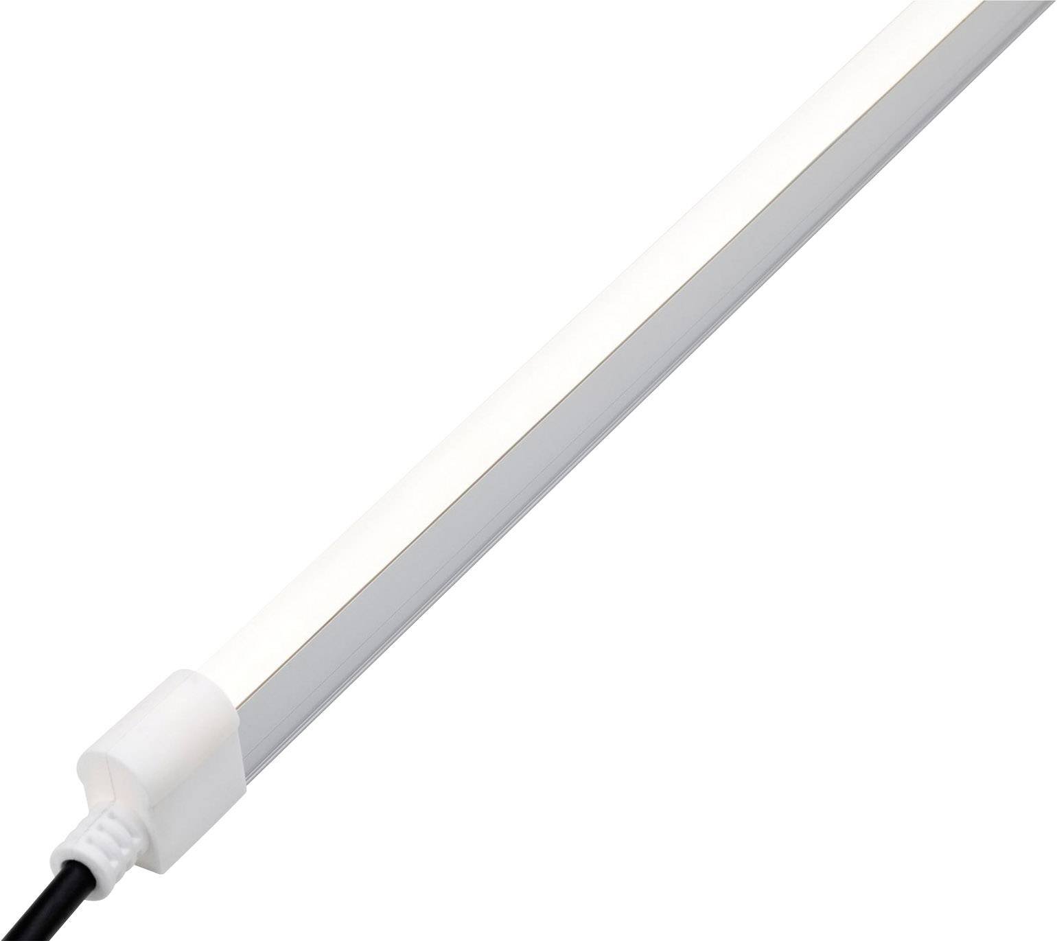 Weiße LED-Lichtleiste mit schwarzem Kabel, dient zur Beleuchtung.