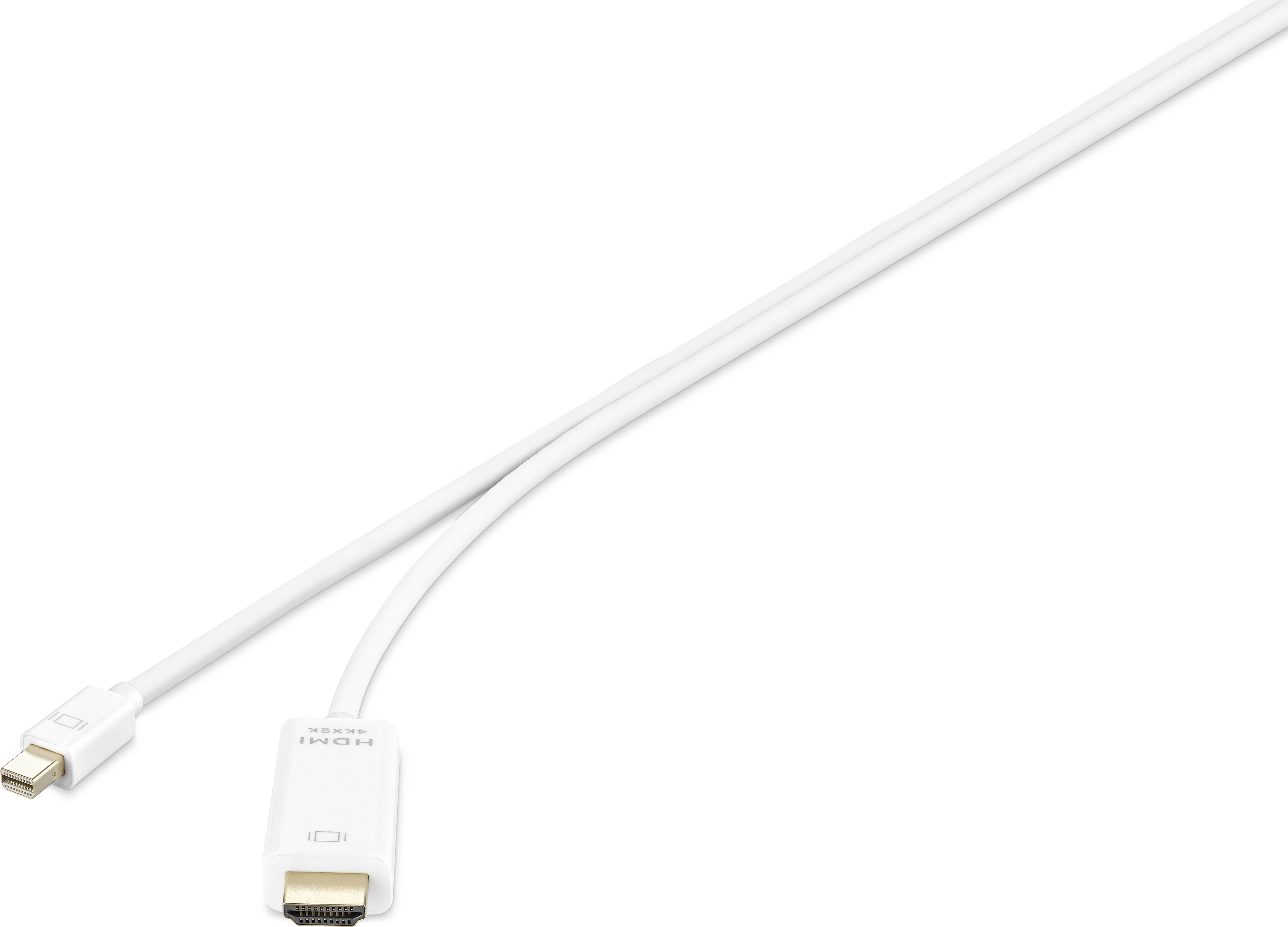 Ein weißes HDMI-Kabel mit mini DisplayPort-Anschluss.