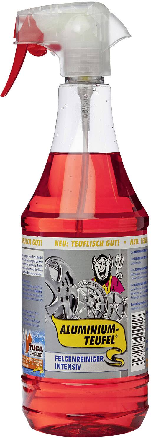 'Felgenreiniger Intensiv' Sprühflasche mit roter Flüssigkeit und grafischem Etikett. Marke 'Aluminium-Teufel'.