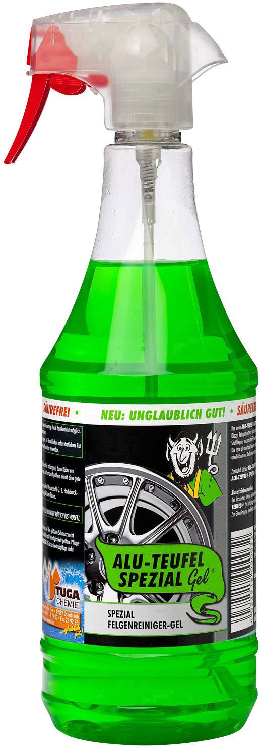 Eine Sprühflasche mit grünem Reinigungsmittel, Etikett 'Alu-Teufel Spezial Gel', speziell für Felgenreinigung entwickelt.