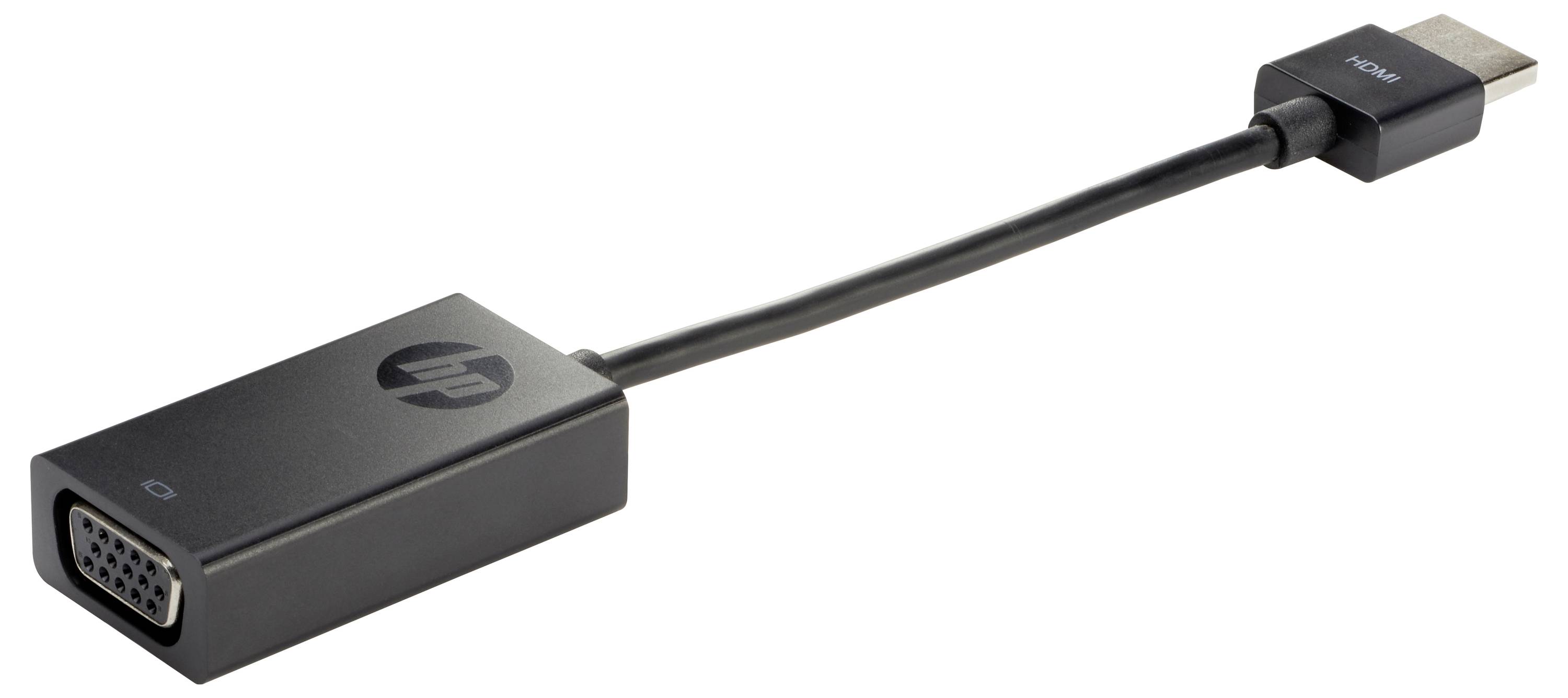Ein HDMI-zu-VGA-Adapter mit einem schwarzen Kabel und Anschlüssen, mit einem HP-Logo auf dem VGA-Anschluss.