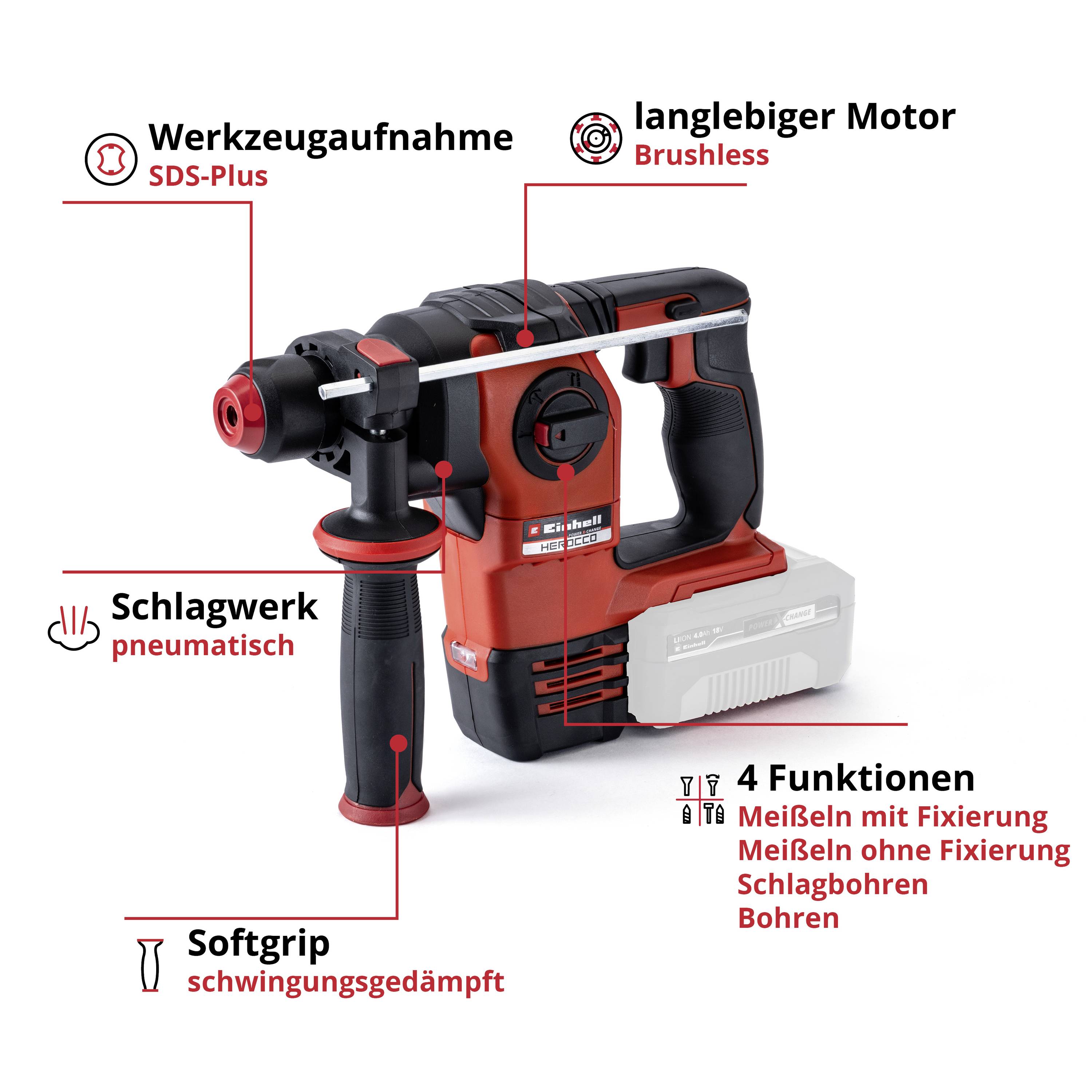 Bohrmaschine mit SDS-Plus-Werkzeugaufnahme, langlebigem Brushless-Motor. 4 Funktionen: Meißeln mit/ohne Fixierung, Bohren, Schlagbohren. Softgrip schwingungsdämpfend.