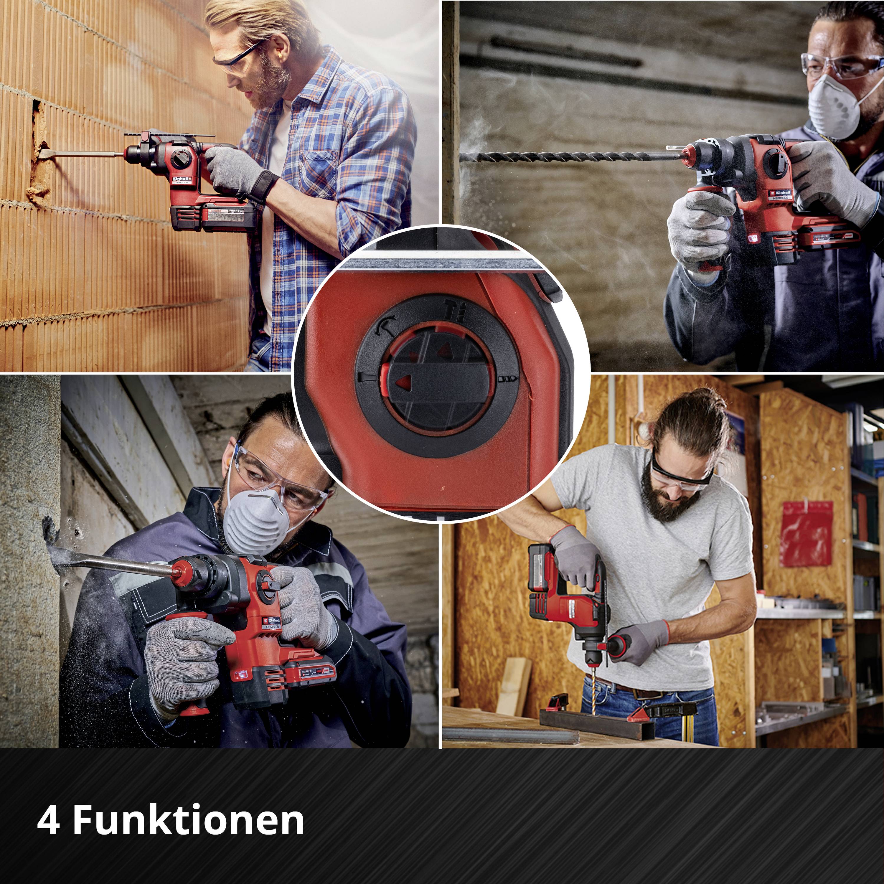 Männer verwenden verschiedene Werkzeuge. Ein Mann bohrt in eine Wand, ein anderer schneidet Holz. Werkzeuge und Funktionen werden vergrößert gezeigt.