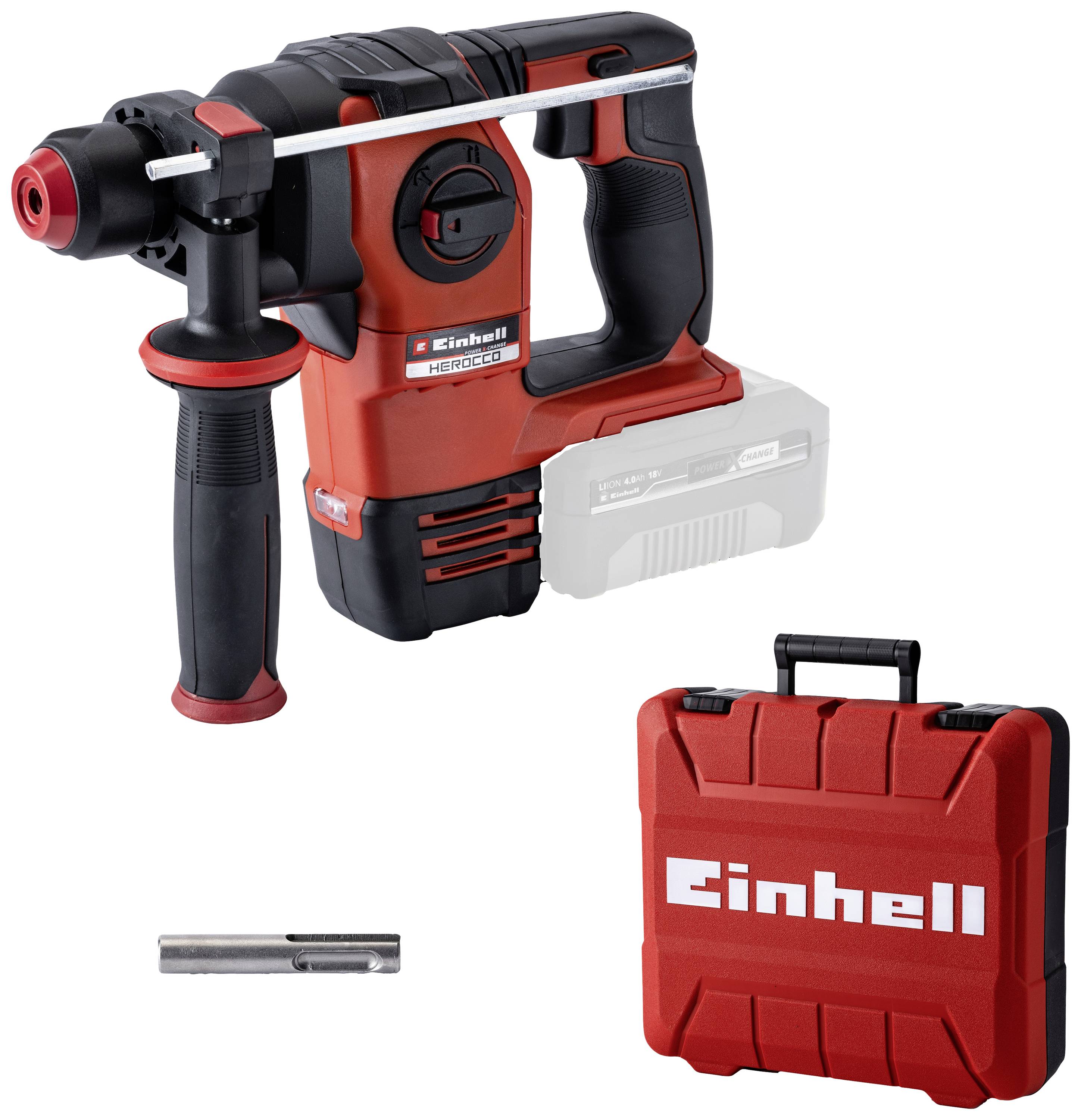 Ein roter Akku-Bohrhammer mit abnehmbarer Batterie, Zusatzhandstück, Werkzeugaufsatz und transportablem roten Koffer von Einhell.