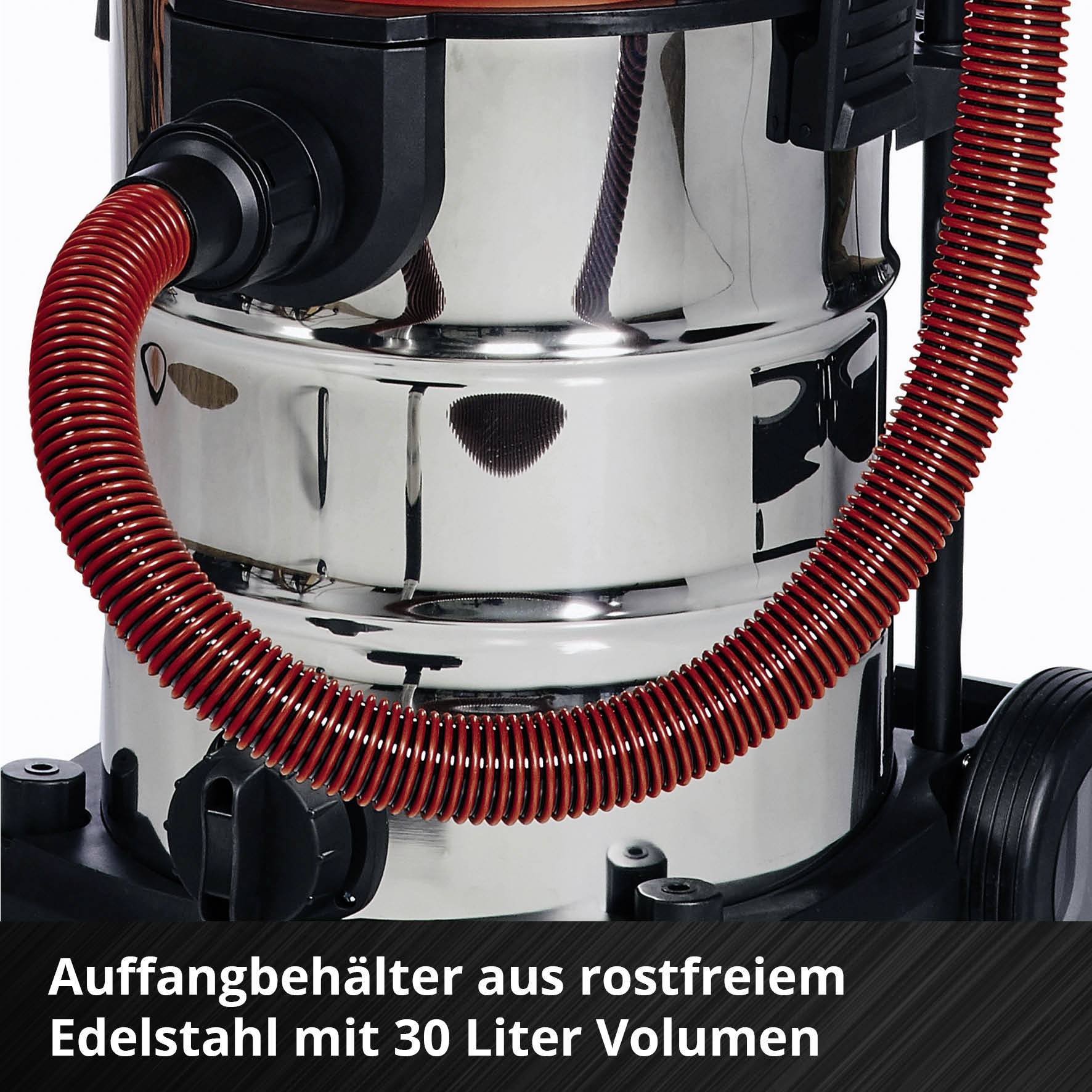 Industriestaubsauger mit Edelstahlbehälter und rotem Schlauch. Text: 'Auffangbehälter aus rostfreiem Edelstahl mit 30 Liter Volumen'.