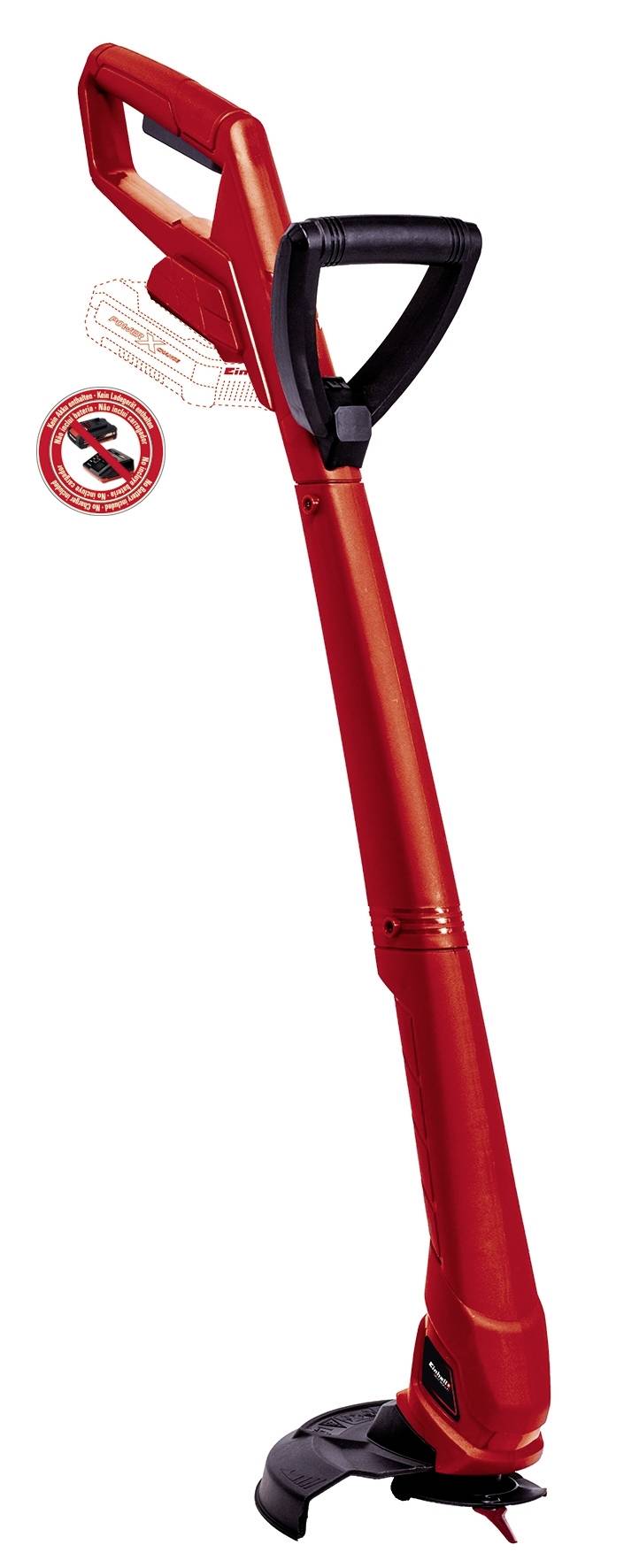 Roter elektrischer Rasentrimmer mit Teleskopstiel und ergonomischem Griff. Geeignet für präzises Schneiden von Rasenkanten.