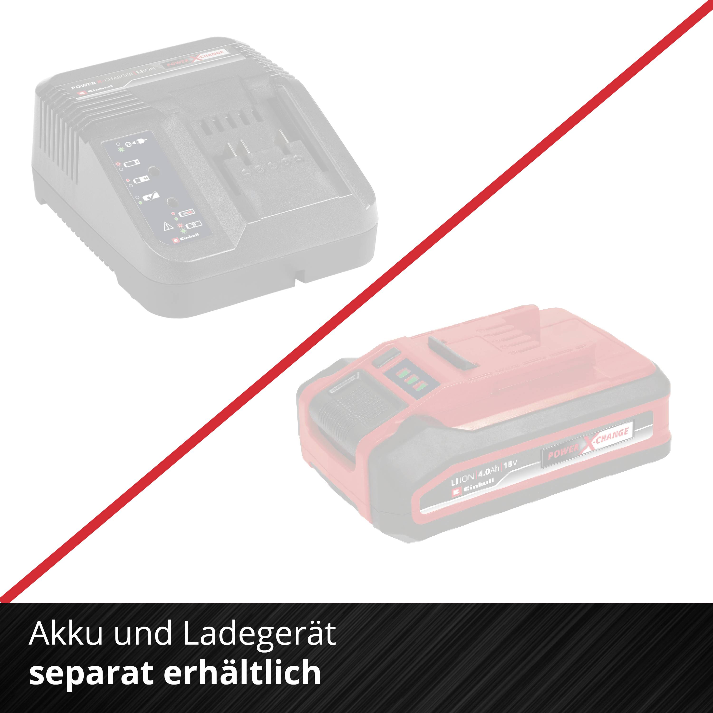 'Akku und Ladegerät separat erhältlich.' Ein Bild eines Akkus und eines Ladegeräts, die in einer Werbeanzeige markiert sind.