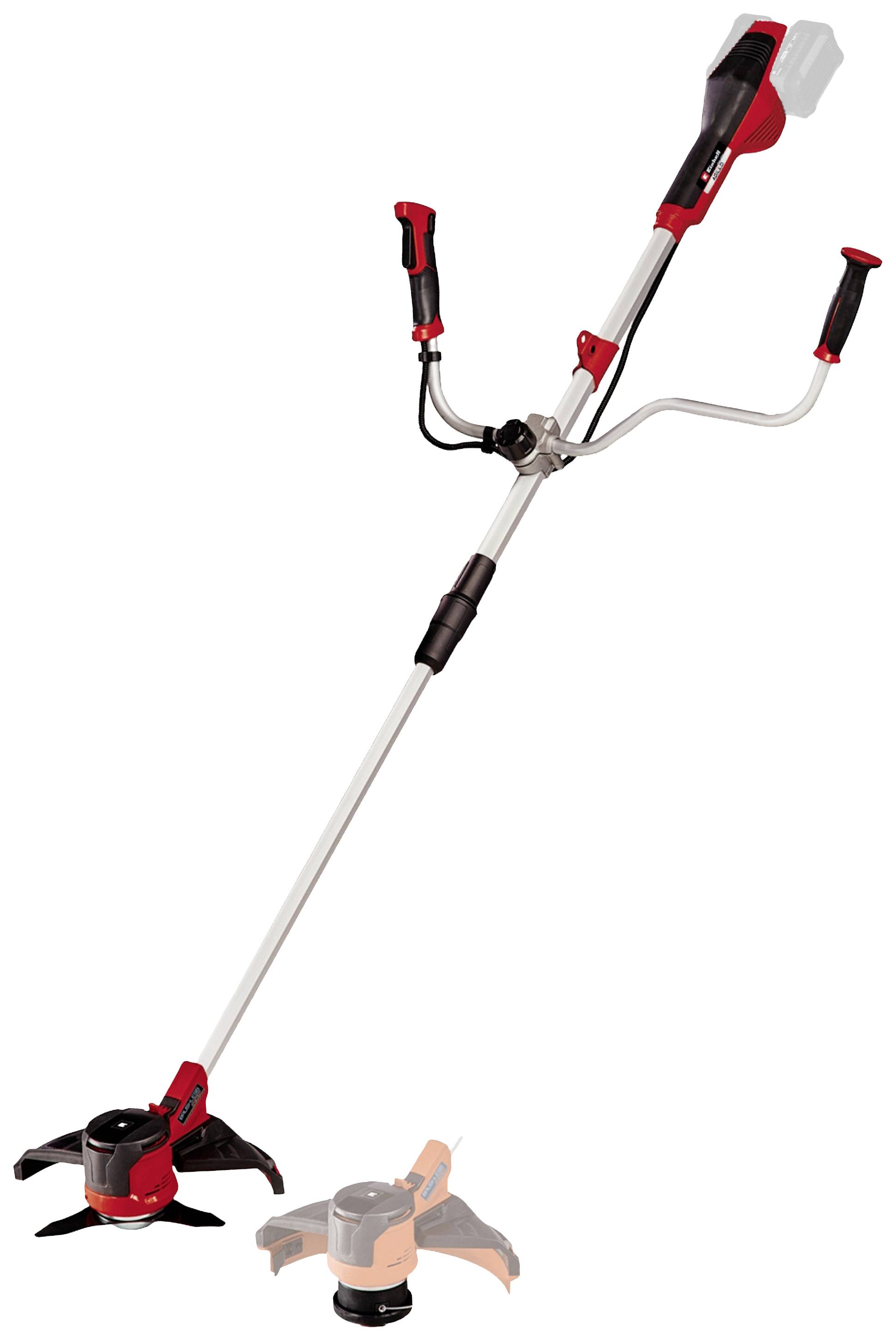 Akku-Rasentrimmer mit Teleskopstange und Schneidkopf. Zwei Griffe für bessere Kontrolle. Hauptsächlich in Rot und Silber gehalten.