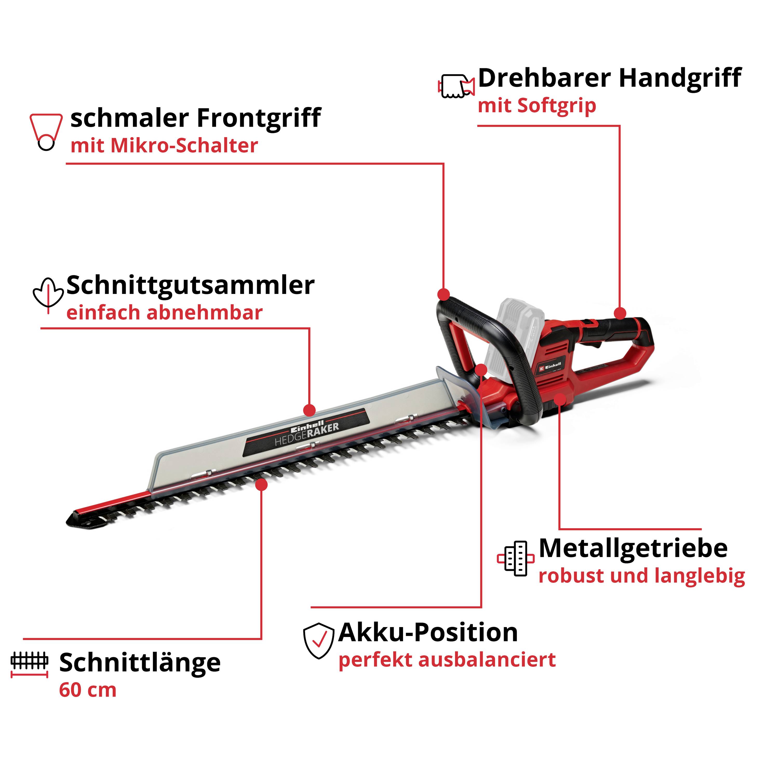 Akkubetriebene Heckenschere mit drehbarem Handgriff, schmalem Frontgriff, Schnittgut-Sammler, Metallgetriebe, 60 cm Schnittlänge.
