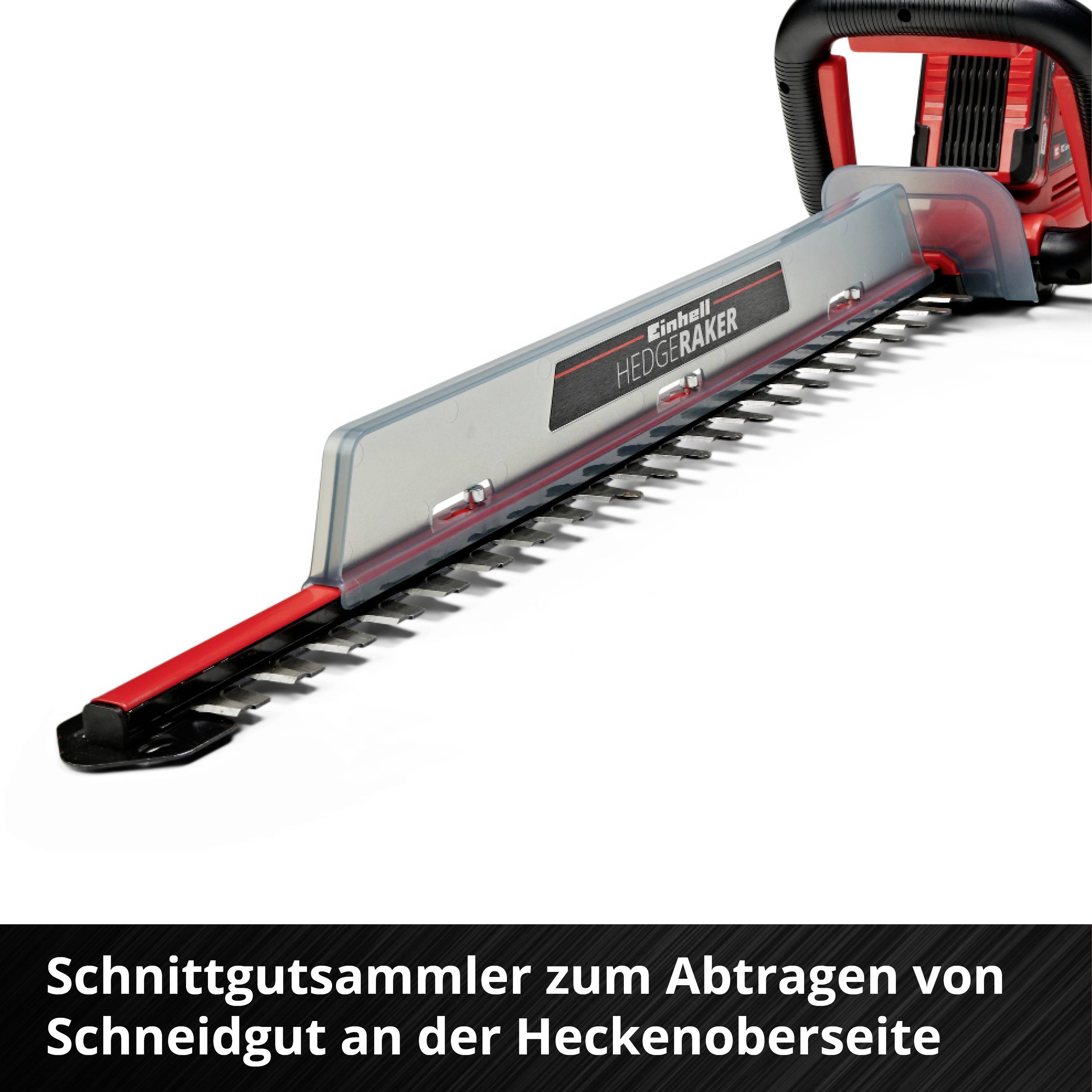 Heckenschere mit rotem und schwarzem Design, auffällige Klinge mit 'Hedge Trimmer' Schriftzug. Entworfen zum Sammeln von Schnittgut.
