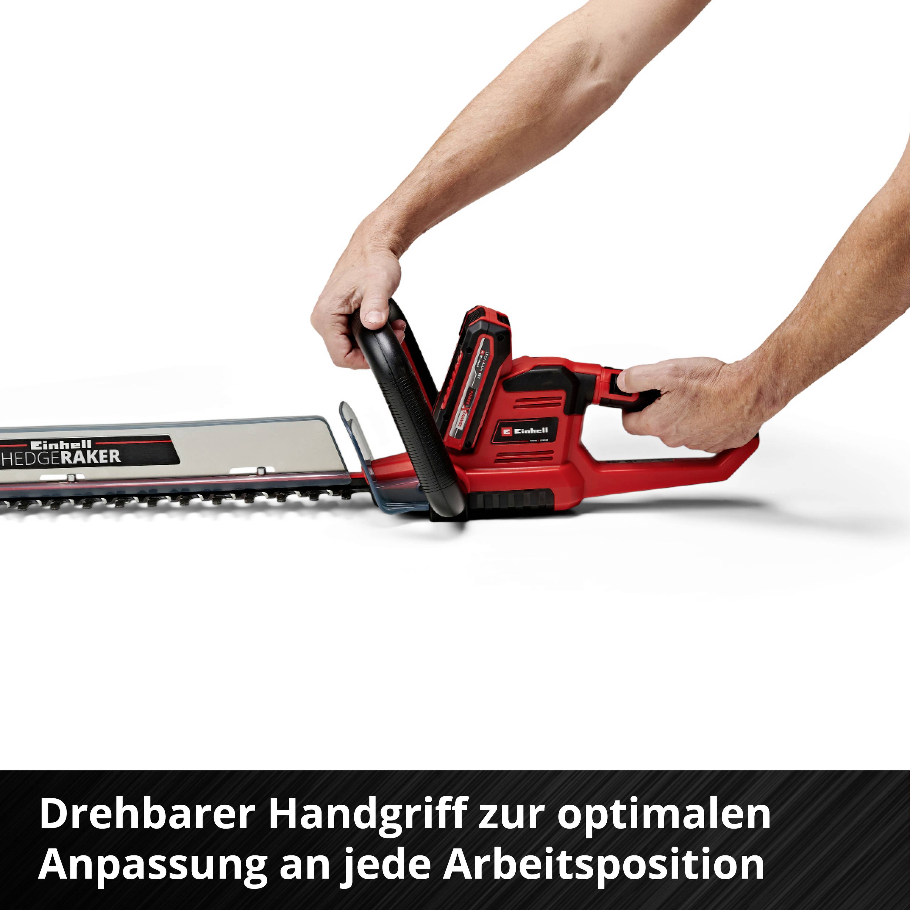 Eine Person hält eine Heckenschere mit einem verstellbaren Handgriff. Text unten: 'Drehbarer Handgriff für optimale Anpassung an jede Arbeitsposition'.