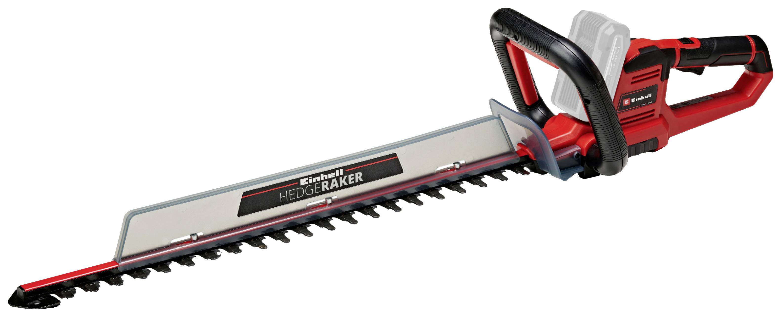 Akku-Heckenschere mit roter und schwarzer Farbgebung, langer Klinge und ergonomischem Griff. Markenname 'Einhell' auf der Klinge sichtbar.