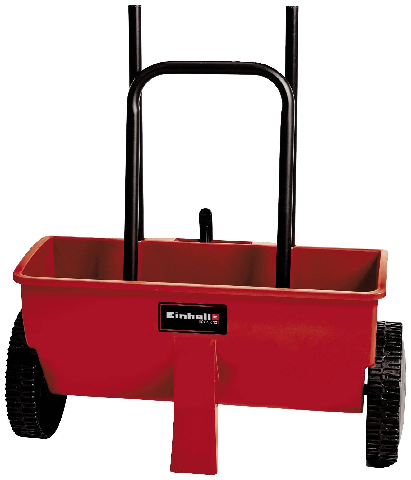 Ein roter, rechteckiger Streuwagen mit schwarzen Griffen und Rädern. Markennamen-Aufkleber auf der Vorderseite.