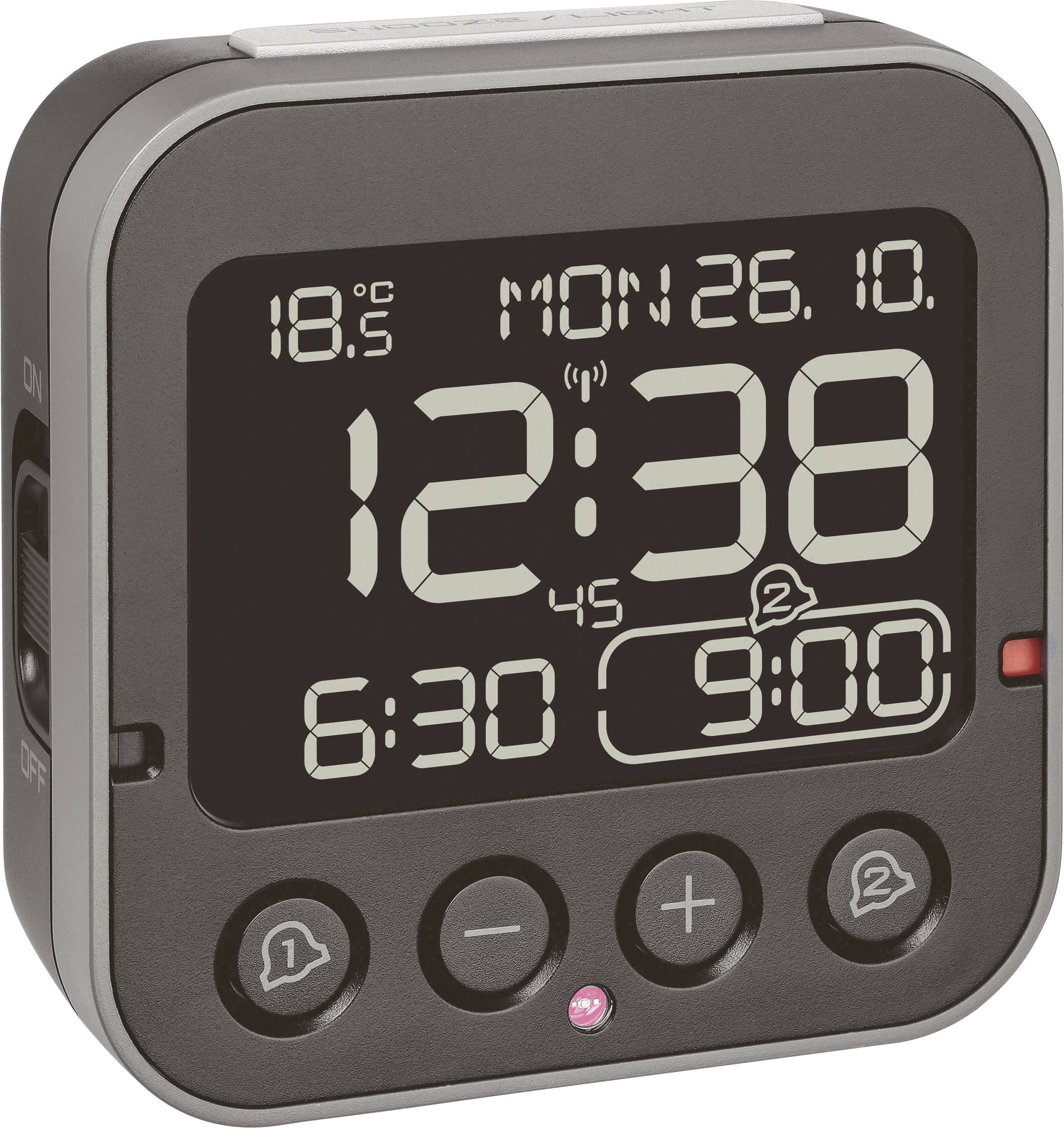 TFA Dostmann 60.2552.01 Funk Wecker Schwarz Alarmzeiten 2 Großes Display