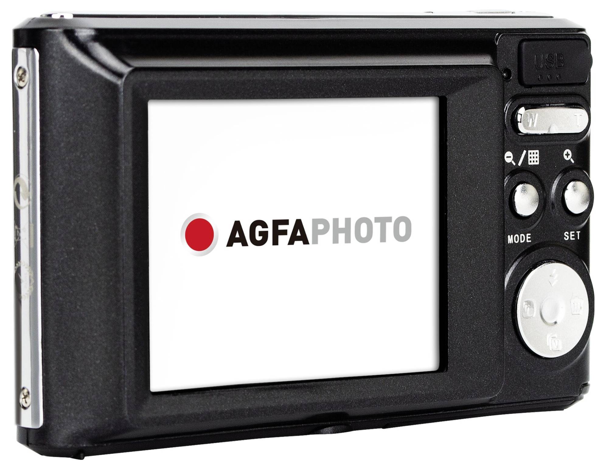 Eine Digitalkamera von AgfaPhoto, Rückansicht gezeigt. Das Logo 'AGFAPHOTO' ist auf dem Bildschirm sichtbar.