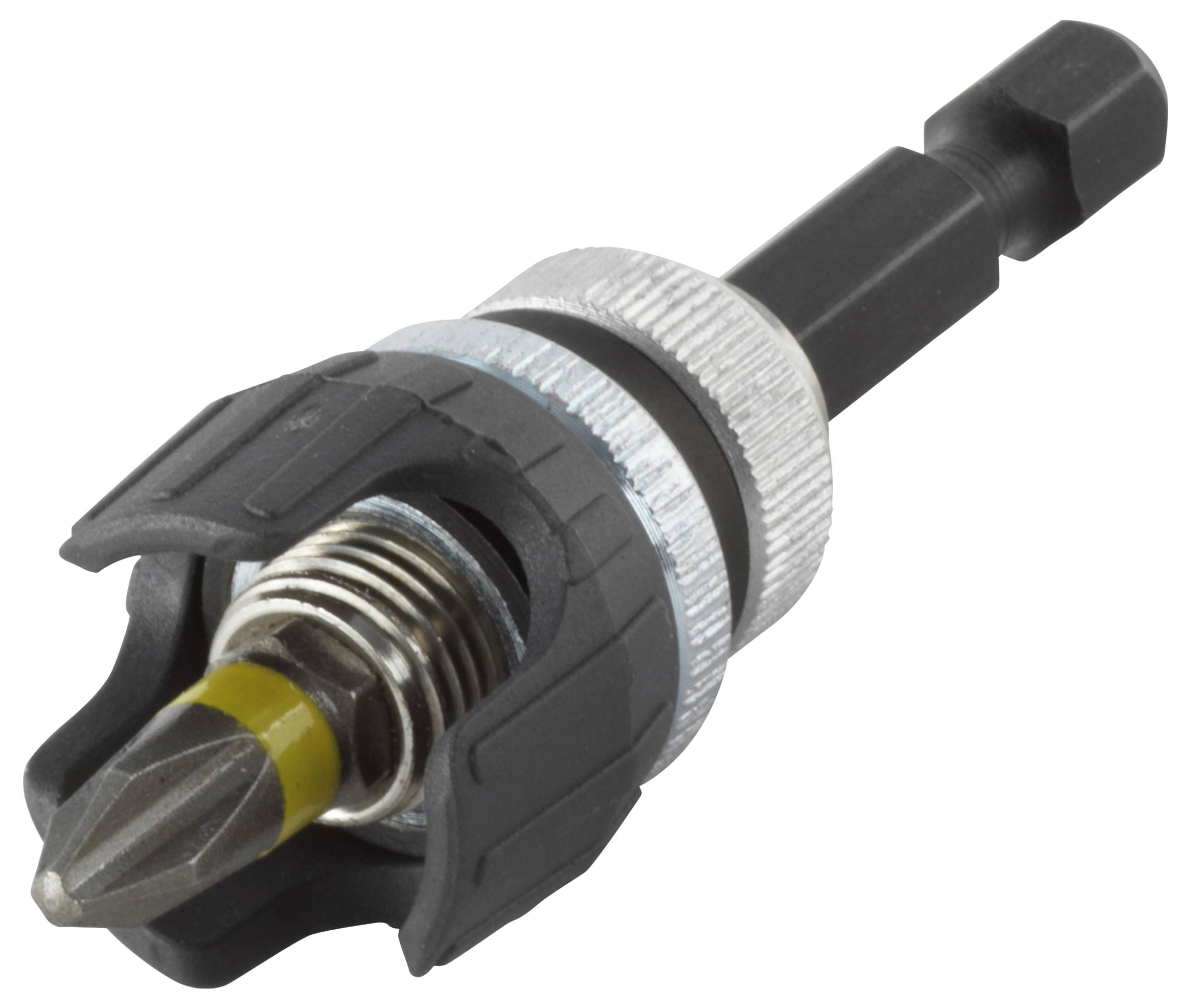 Bohrer-Bit mit Tiefenbegrenzer und Spannfeder, zur präzisen Kontrolle der Bohrtiefe bei Schraubarbeiten.