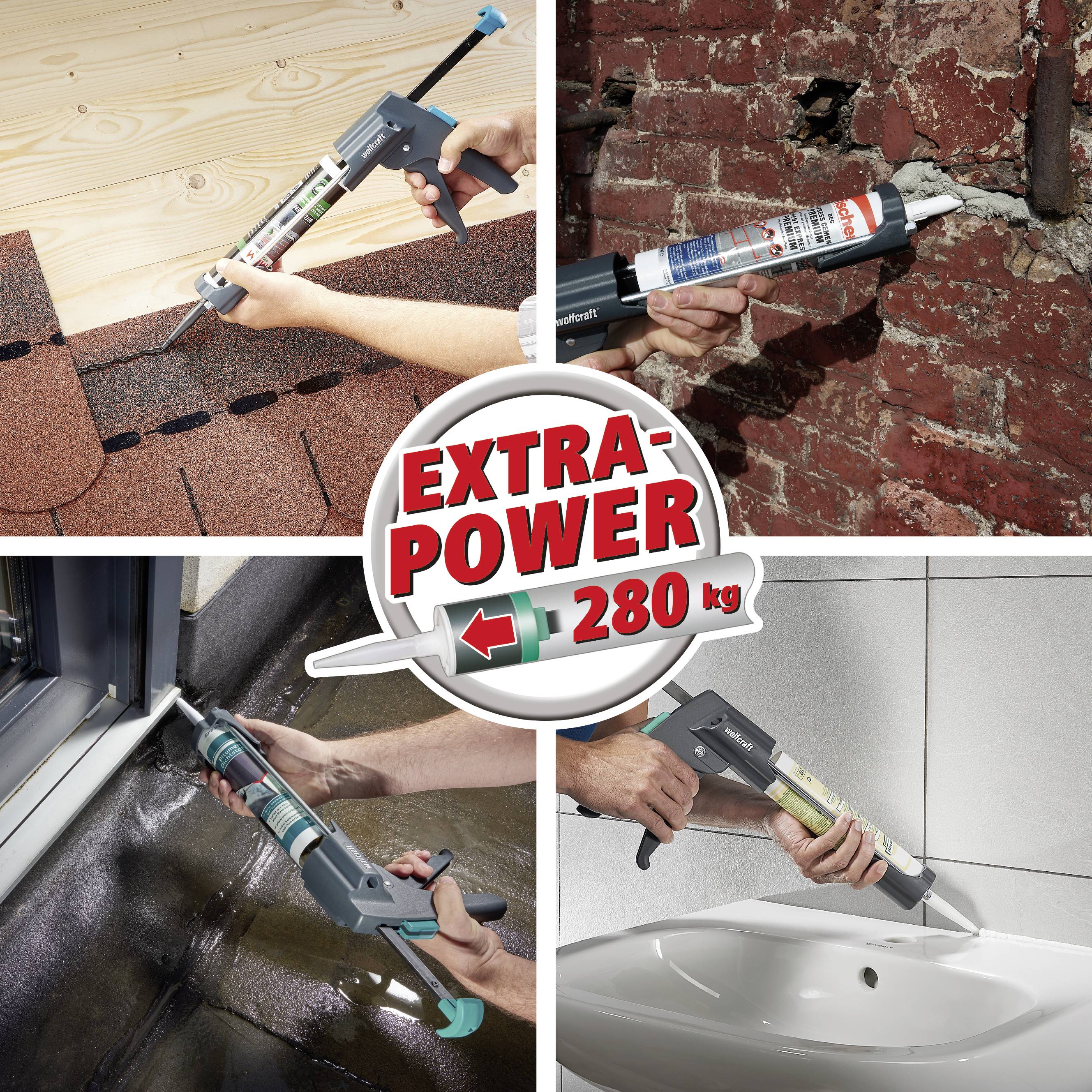 Vier Bilder zeigen die Anwendung einer Kartuschenpistole: Dachabdichtung, Mauerreparatur, Fensterisolierung, Waschbeckenmontage. Text: 'EXTRA-POWER 280 kg'.